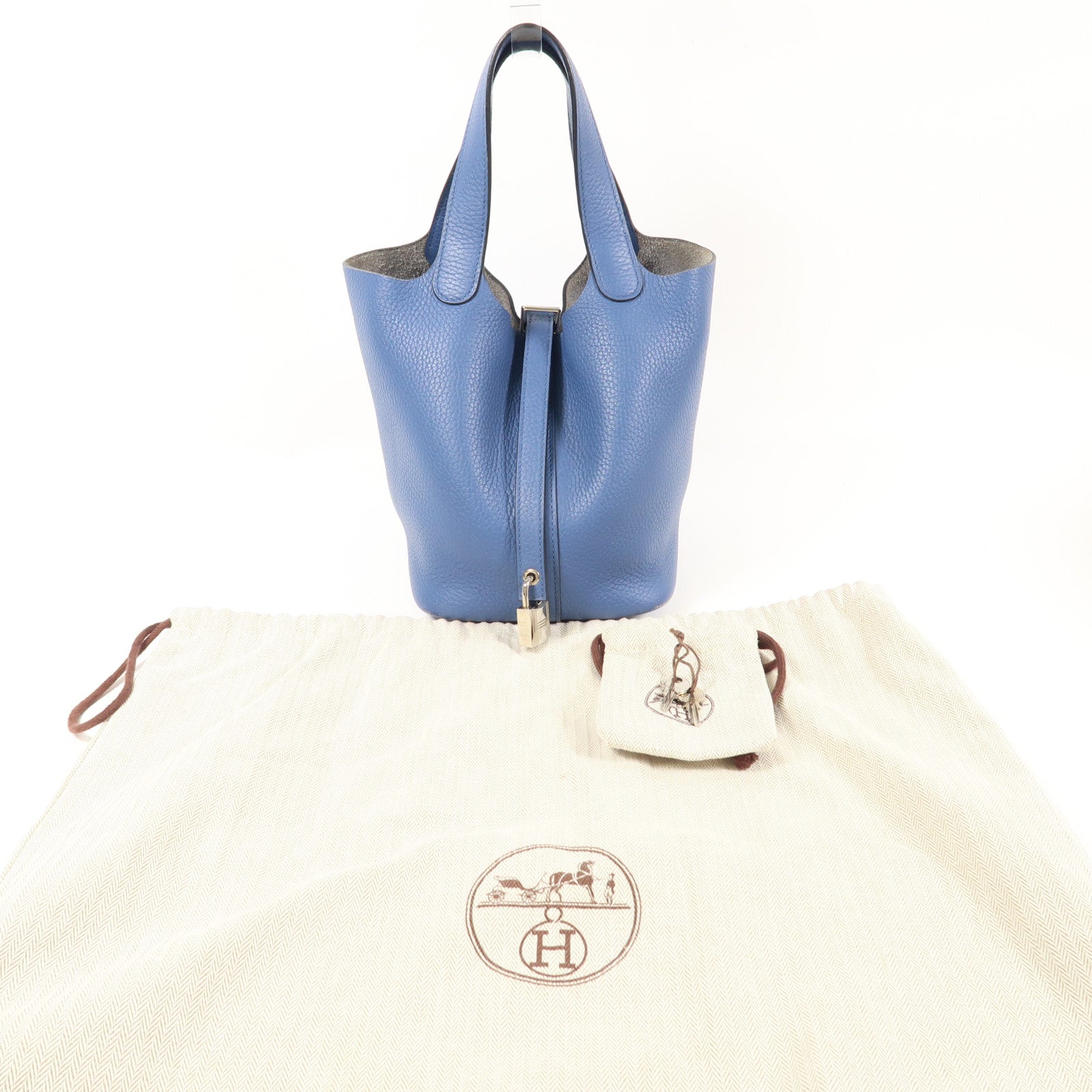 HERMES Clemence皮革Picotin PM銀扣手挽袋Bleu Agate
