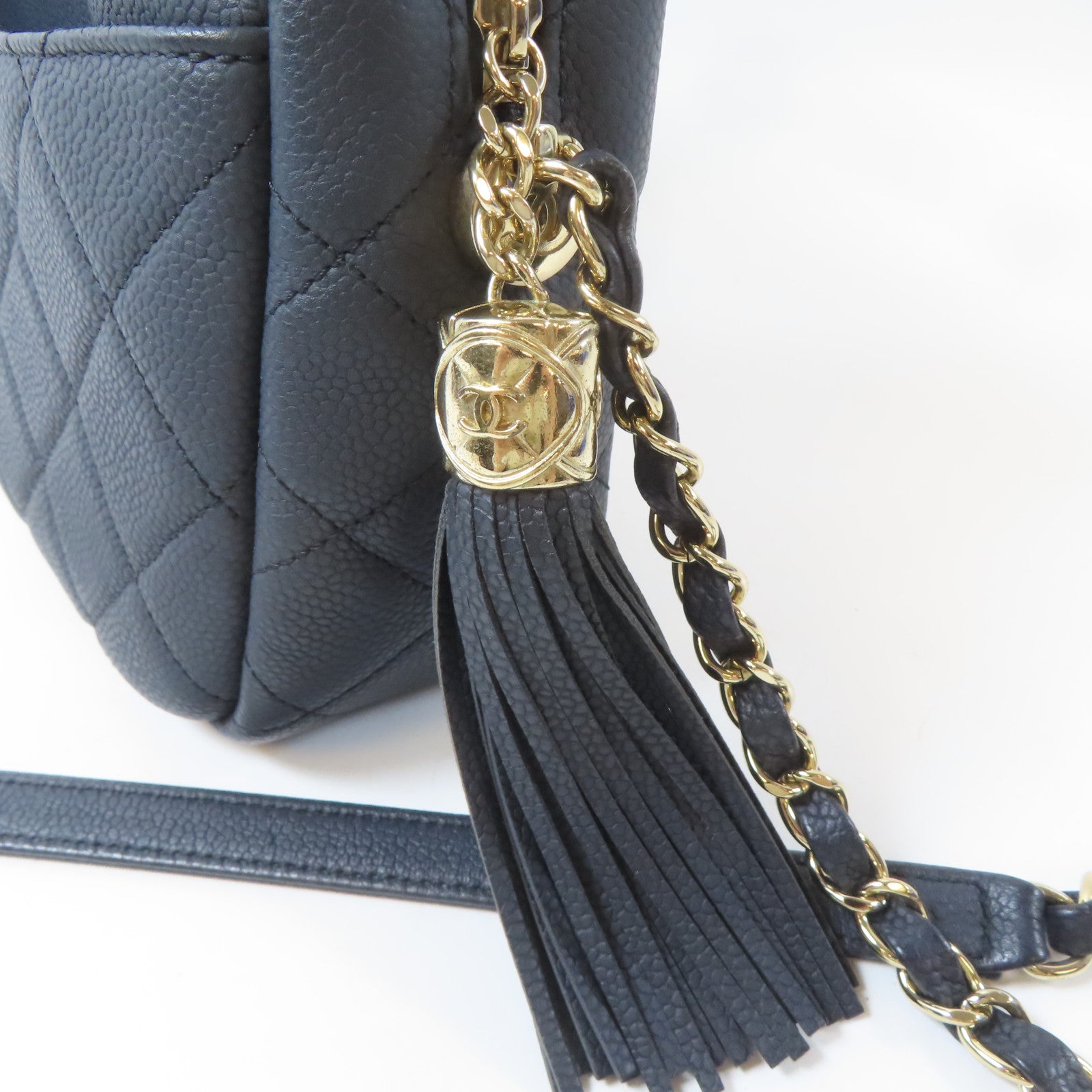CHANEL 菱格Caviar皮革Chain Shoulder Bag金扣鏈帶肩背袋深藍色