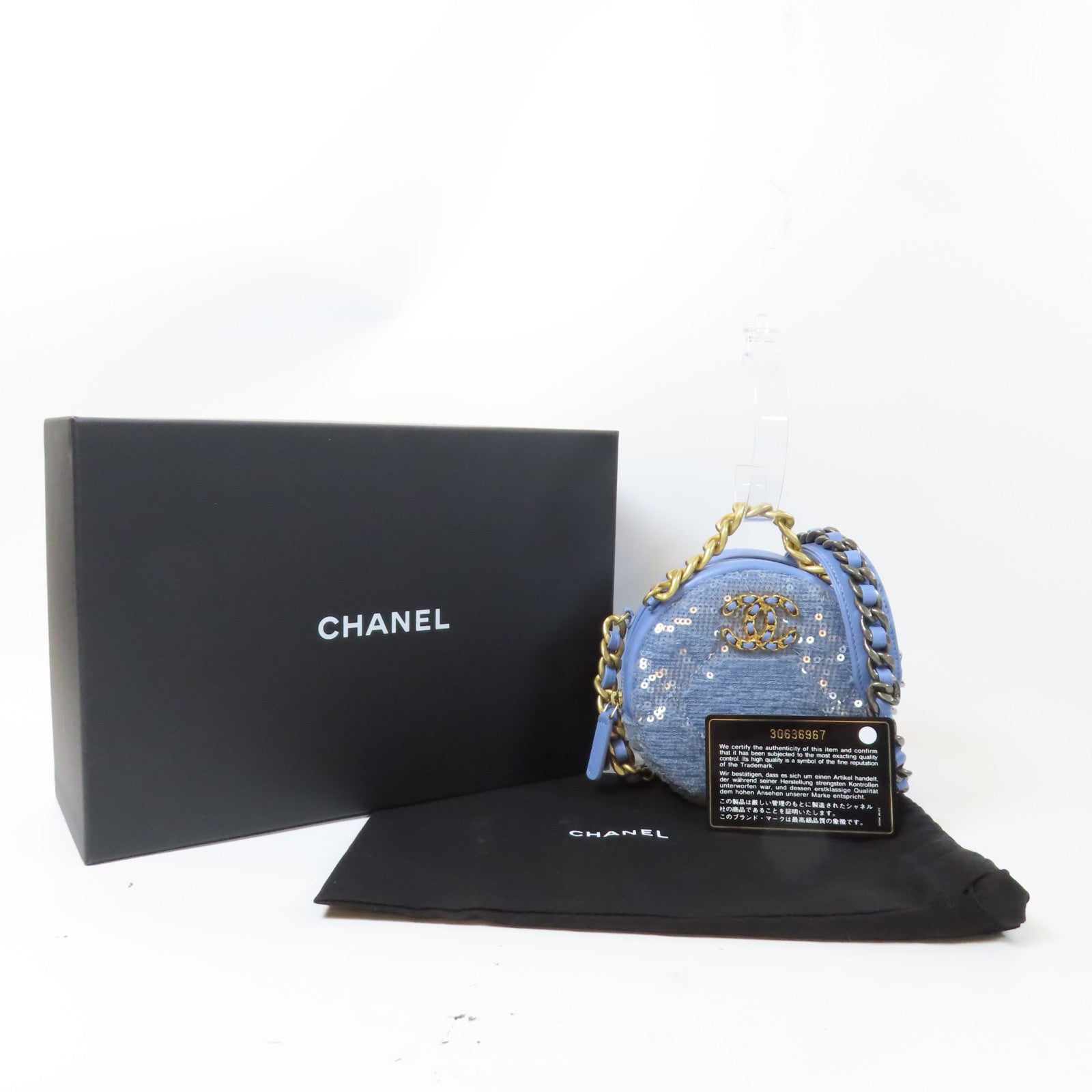 CHANEL 亮片/羊皮皮革19 Round Clutch金/銀扣鏈帶手挽肩背兩用袋藍色
