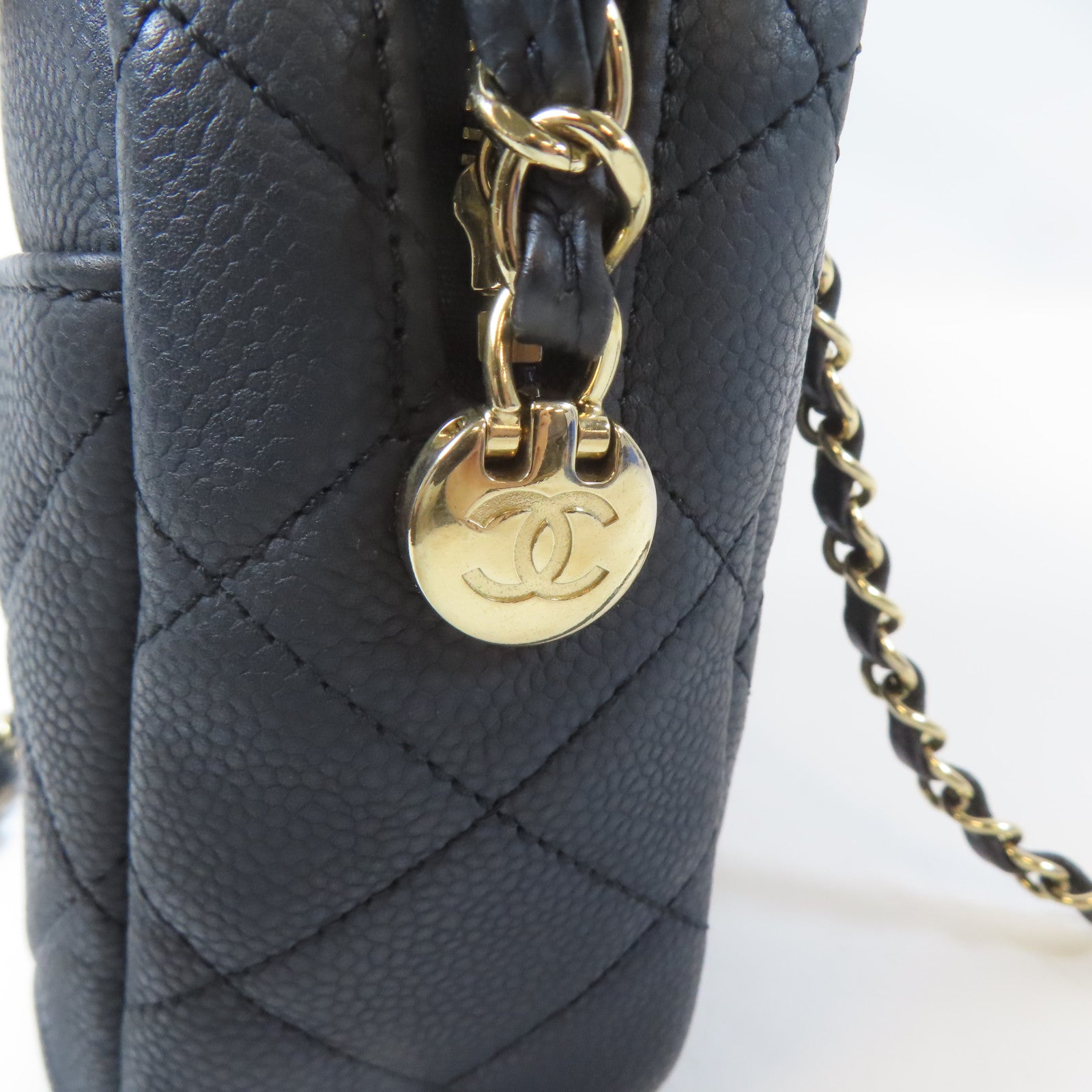 CHANEL 菱格Caviar皮革Chain Shoulder Bag金扣鏈帶肩背袋深藍色