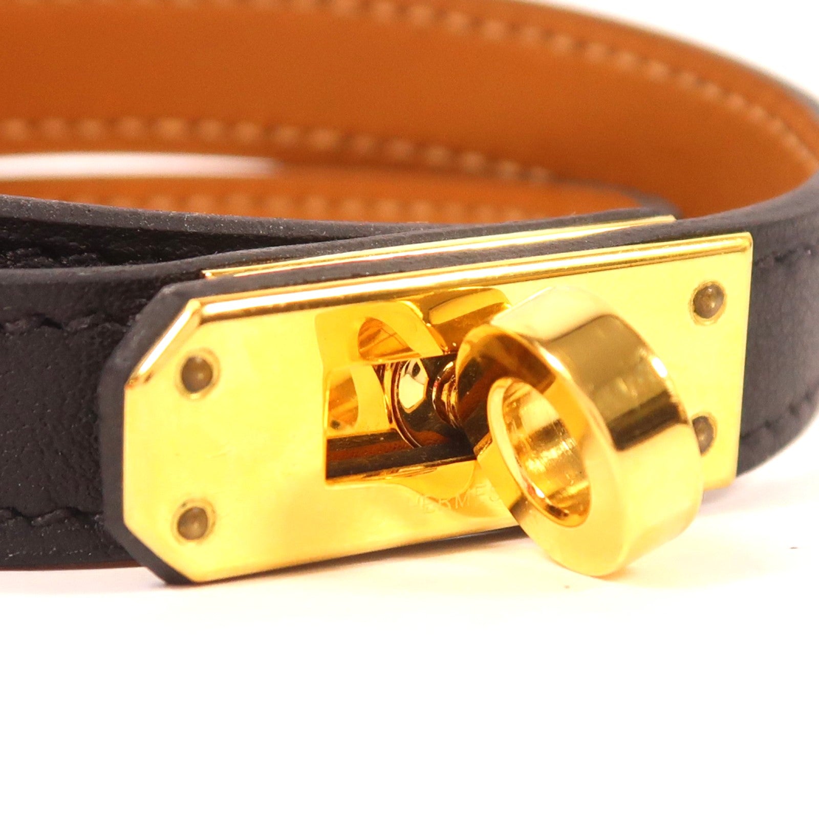 HERMES 牛皮皮革Kelly Double Tour Bracelet金扣手鐲黑色