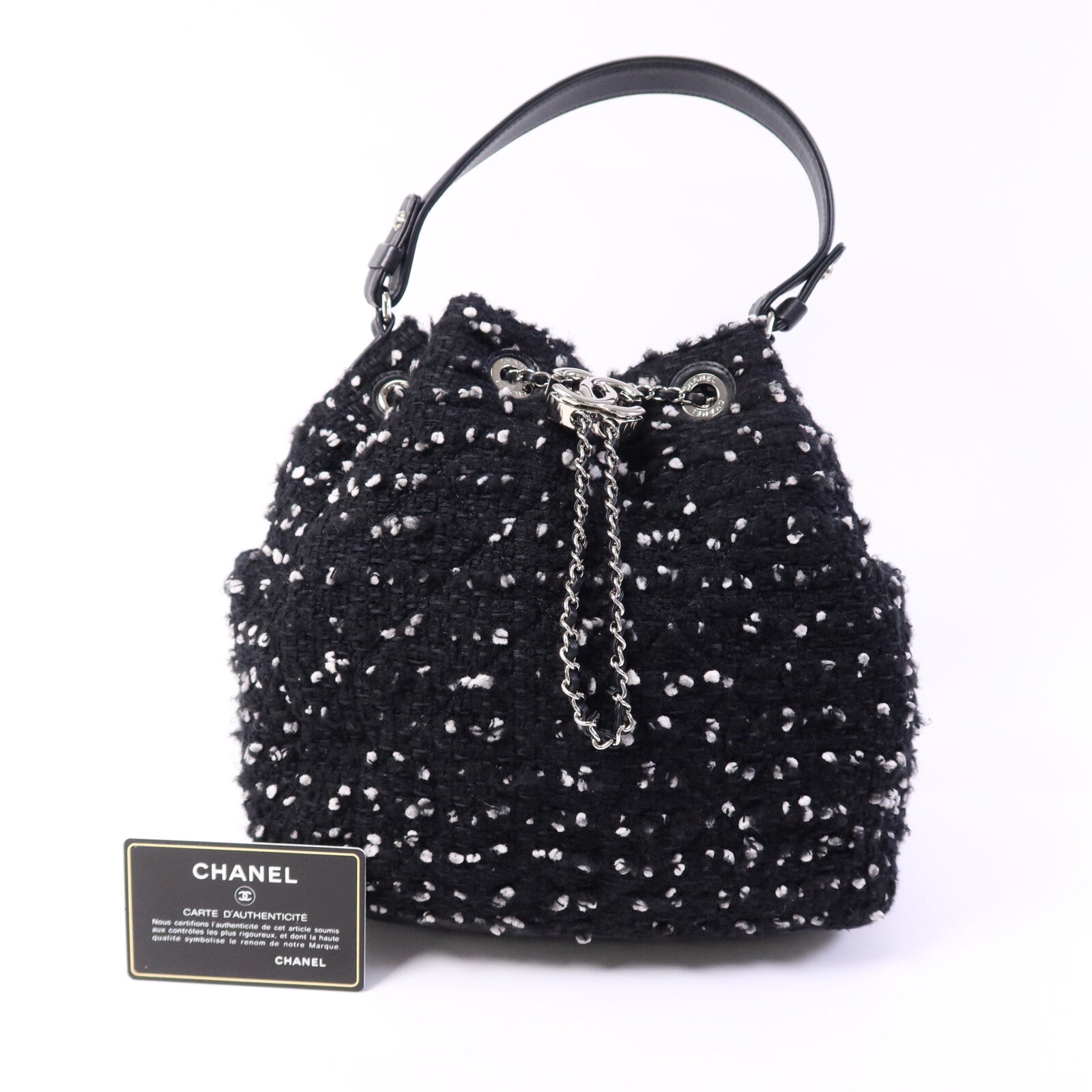 CHANEL Tweed Drawsting Bag銀扣手挽袋