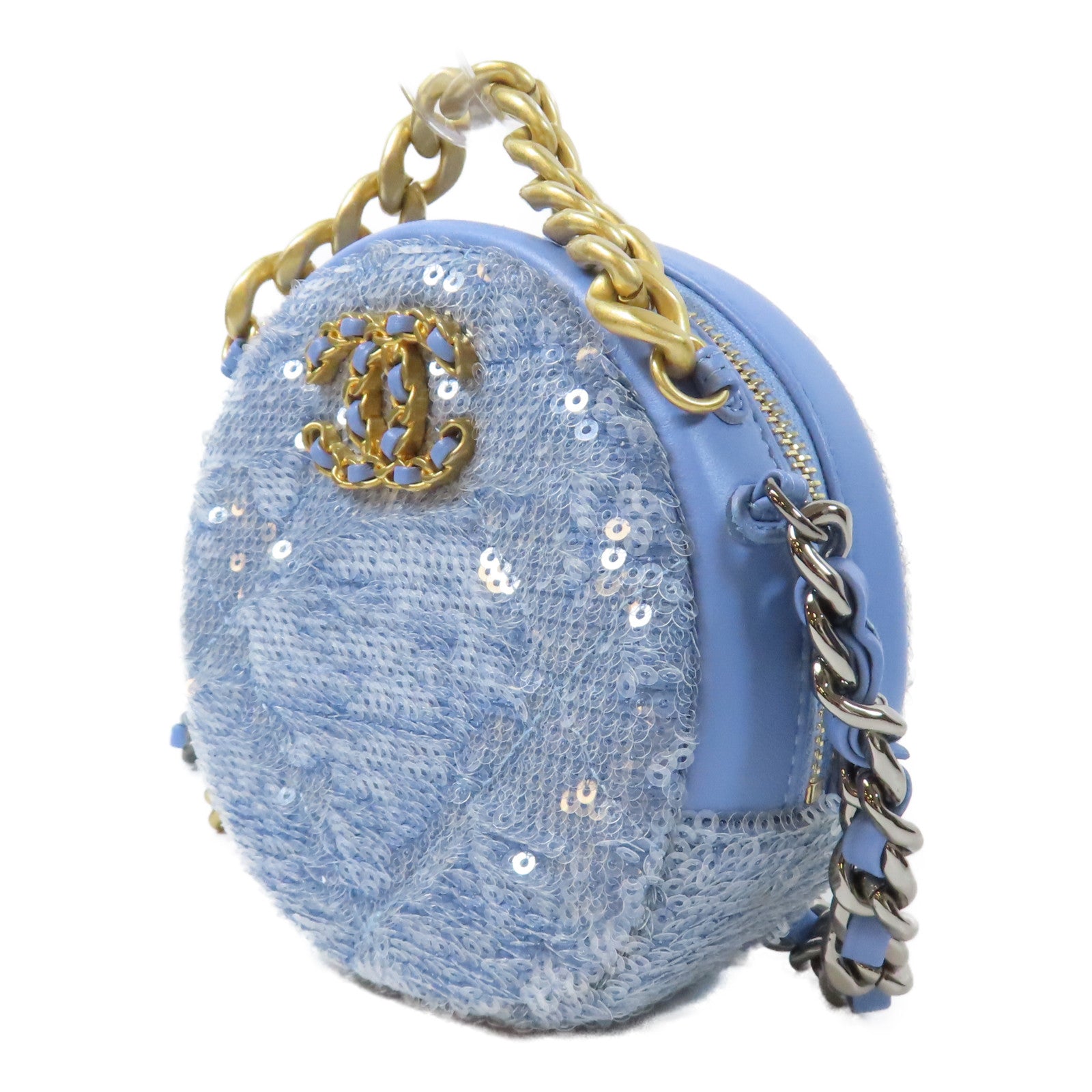 CHANEL 亮片/羊皮皮革19 Round Clutch金/銀扣鏈帶手挽肩背兩用袋藍色