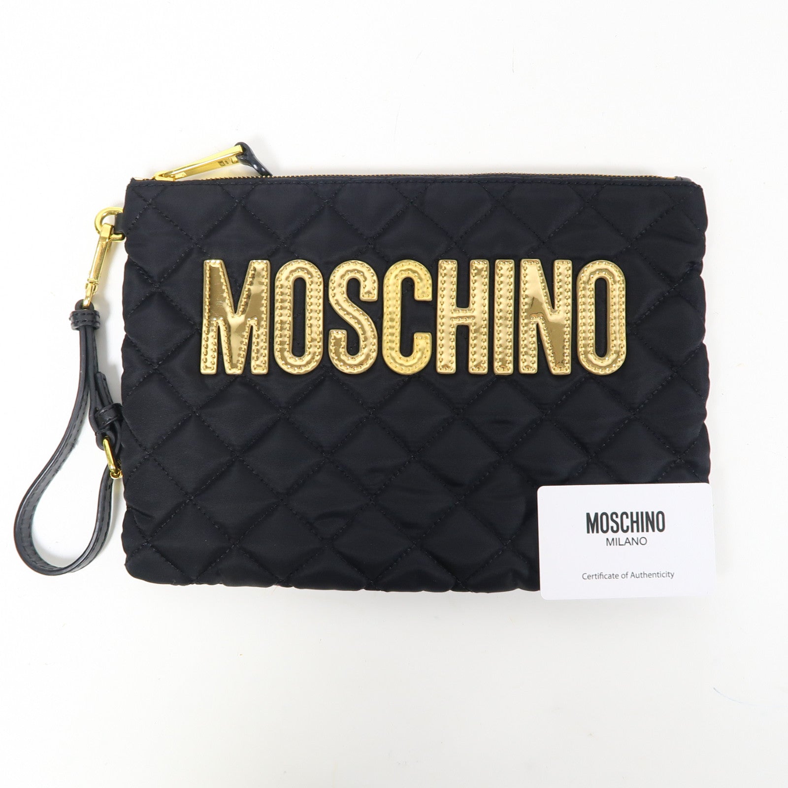 MOSCHINO 菱格尼龍Pouch金扣手拿包黑色