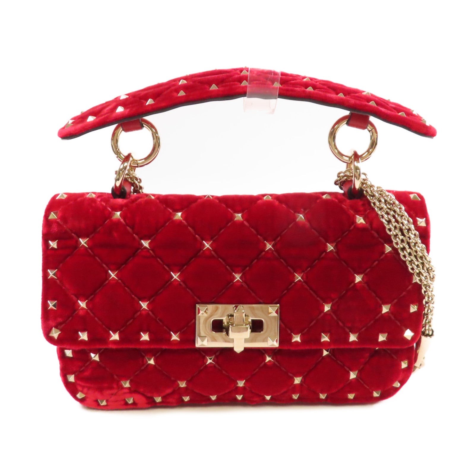 Valentino 天鵝絨Rockstud Chain Shoulder Bag金扣鏈帶肩背袋紅色