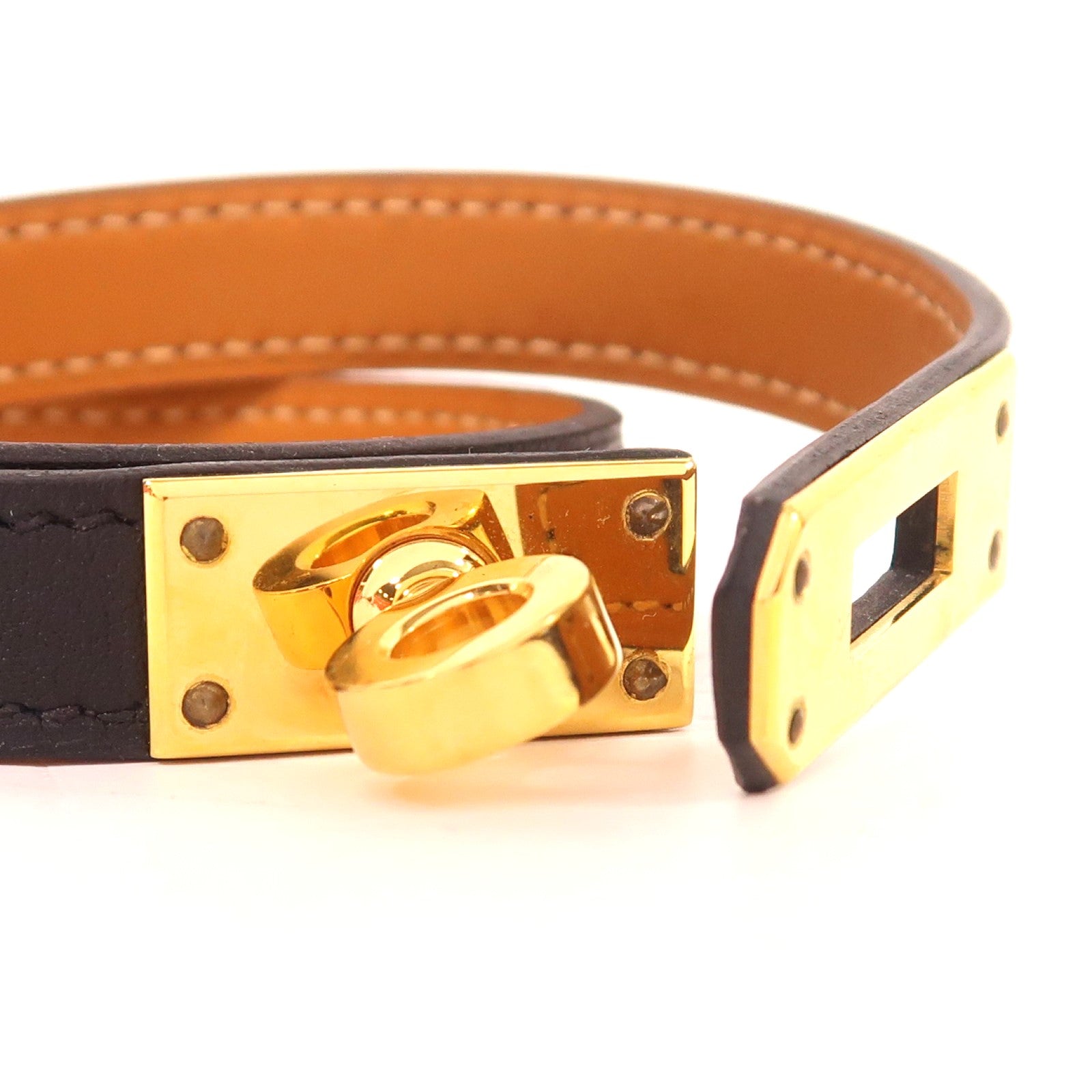 HERMES 牛皮皮革Kelly Double Tour Bracelet金扣手鐲黑色