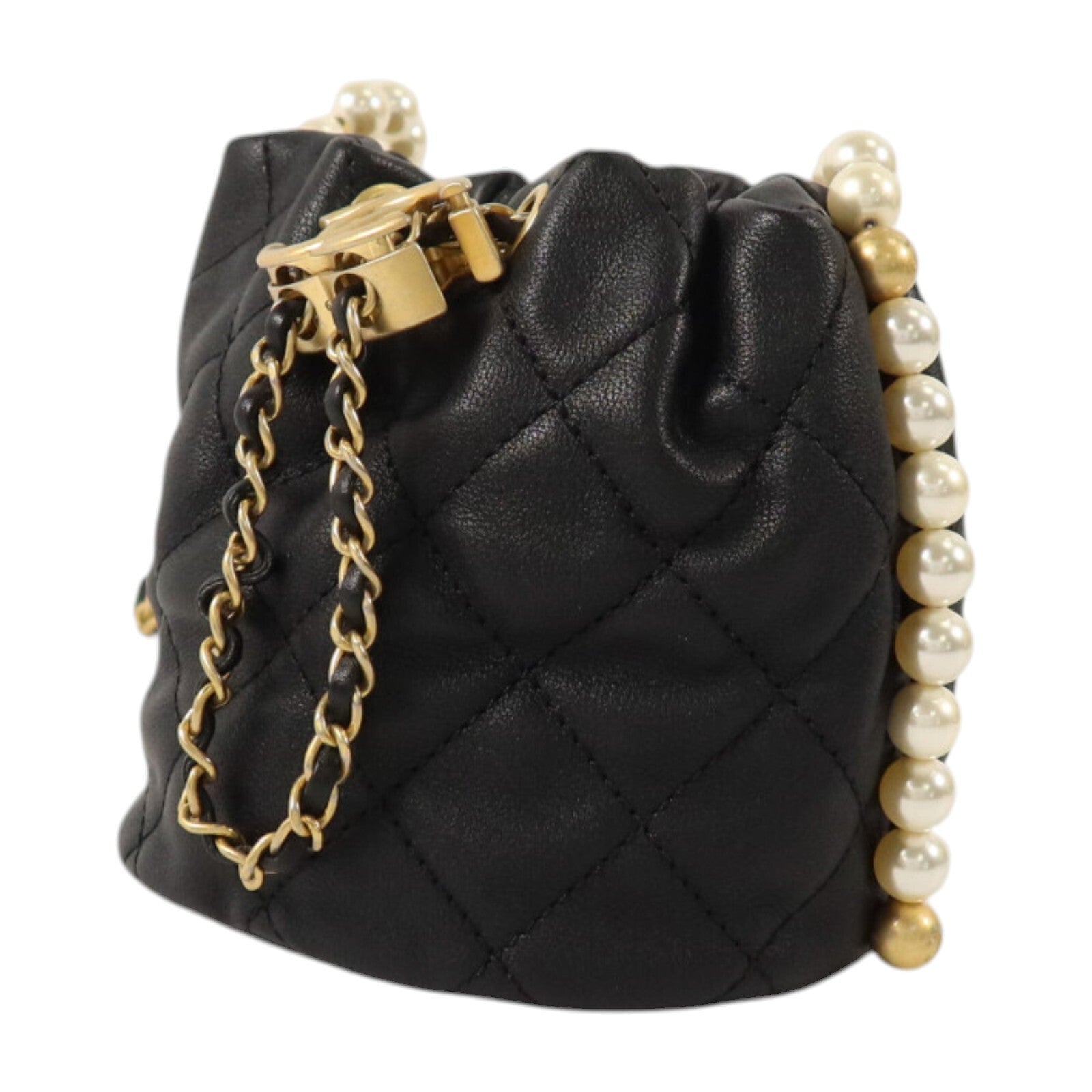 CHANEL 牛皮皮革Mini Pearl Bucket Bag金扣鏈帶肩背袋
