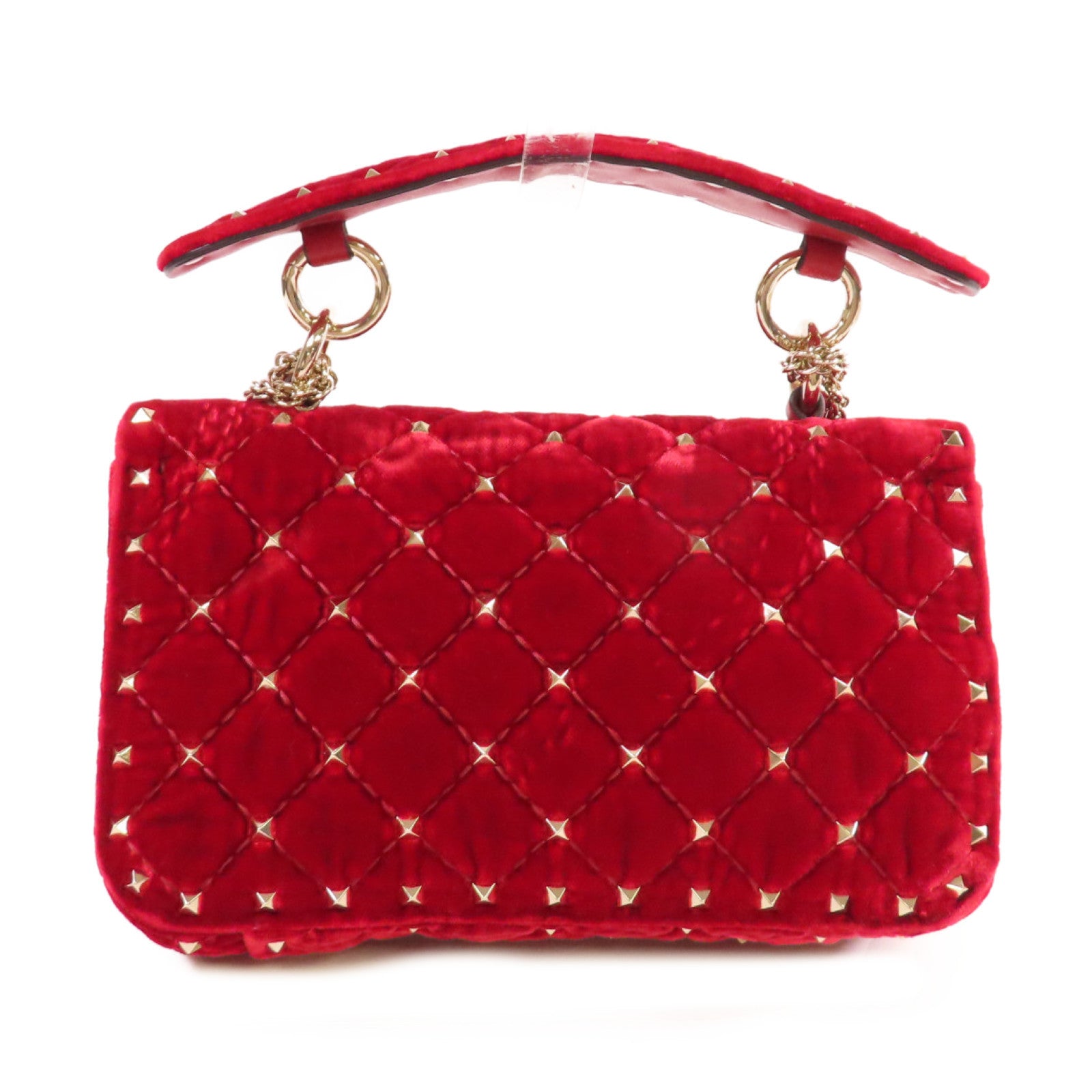 Valentino 天鵝絨Rockstud Chain Shoulder Bag金扣鏈帶肩背袋紅色