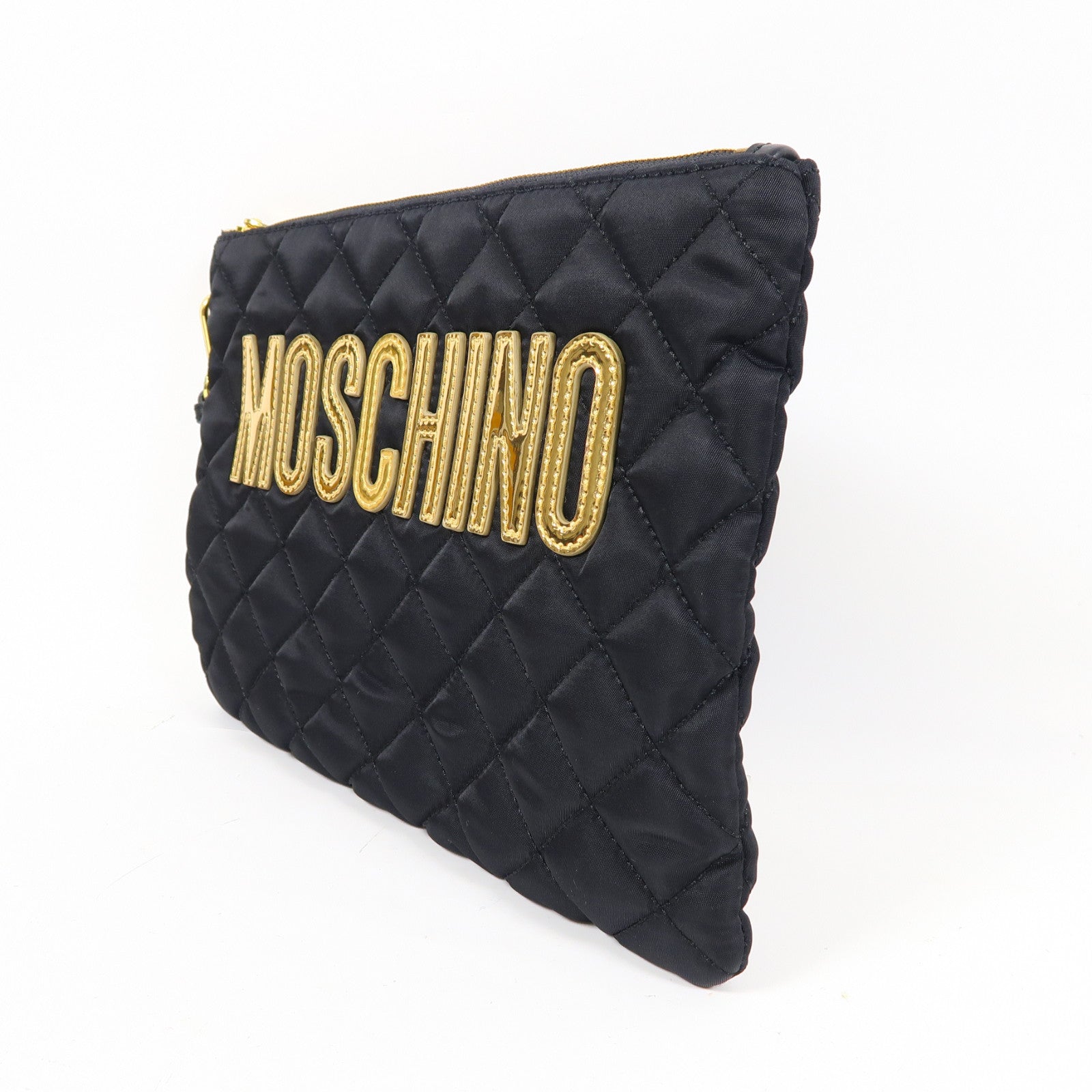 MOSCHINO 菱格尼龍Pouch金扣手拿包黑色