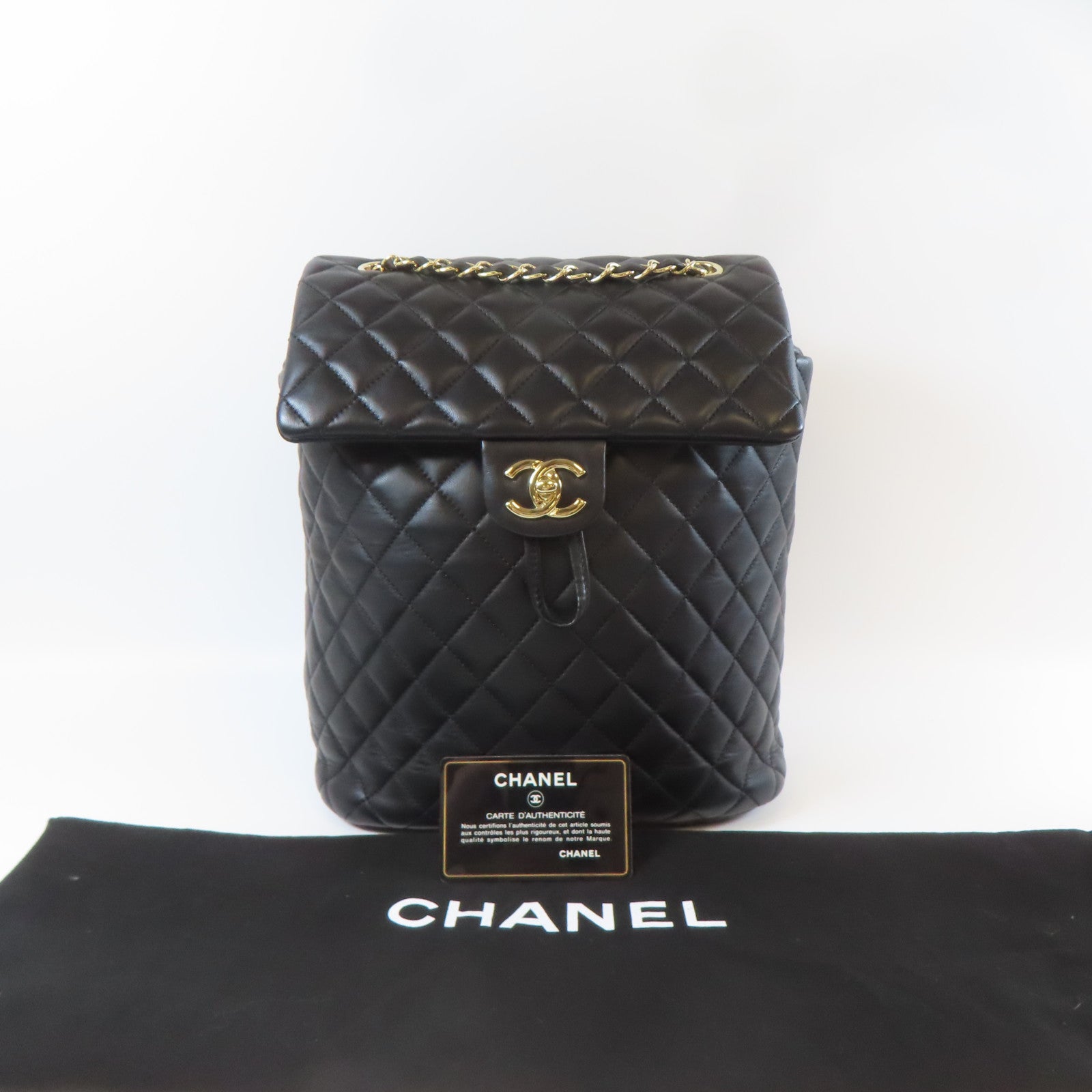 CHANEL 菱格羊皮皮革Backpack金扣背包黑色