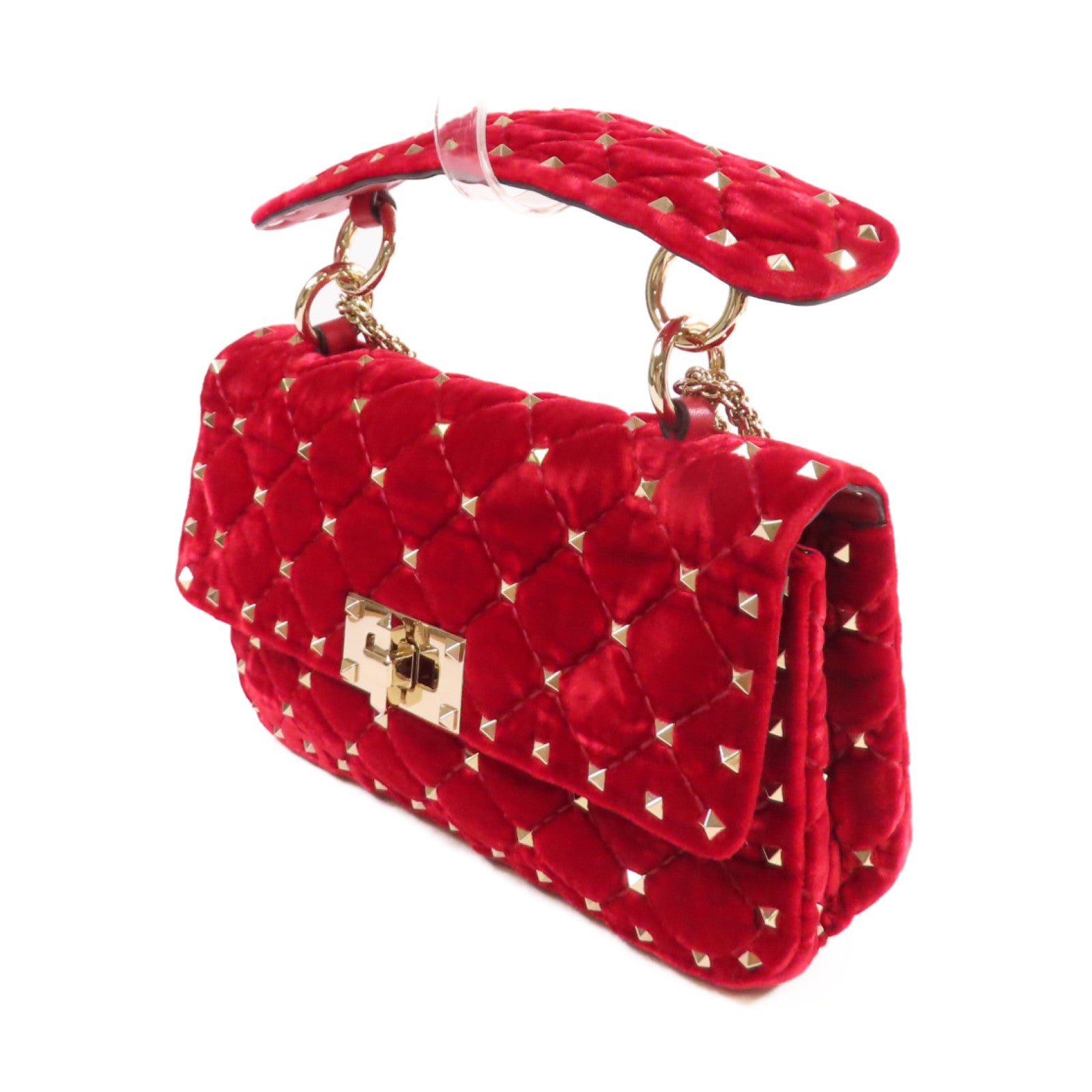 Valentino 天鵝絨Rockstud Chain Shoulder Bag金扣鏈帶肩背袋紅色