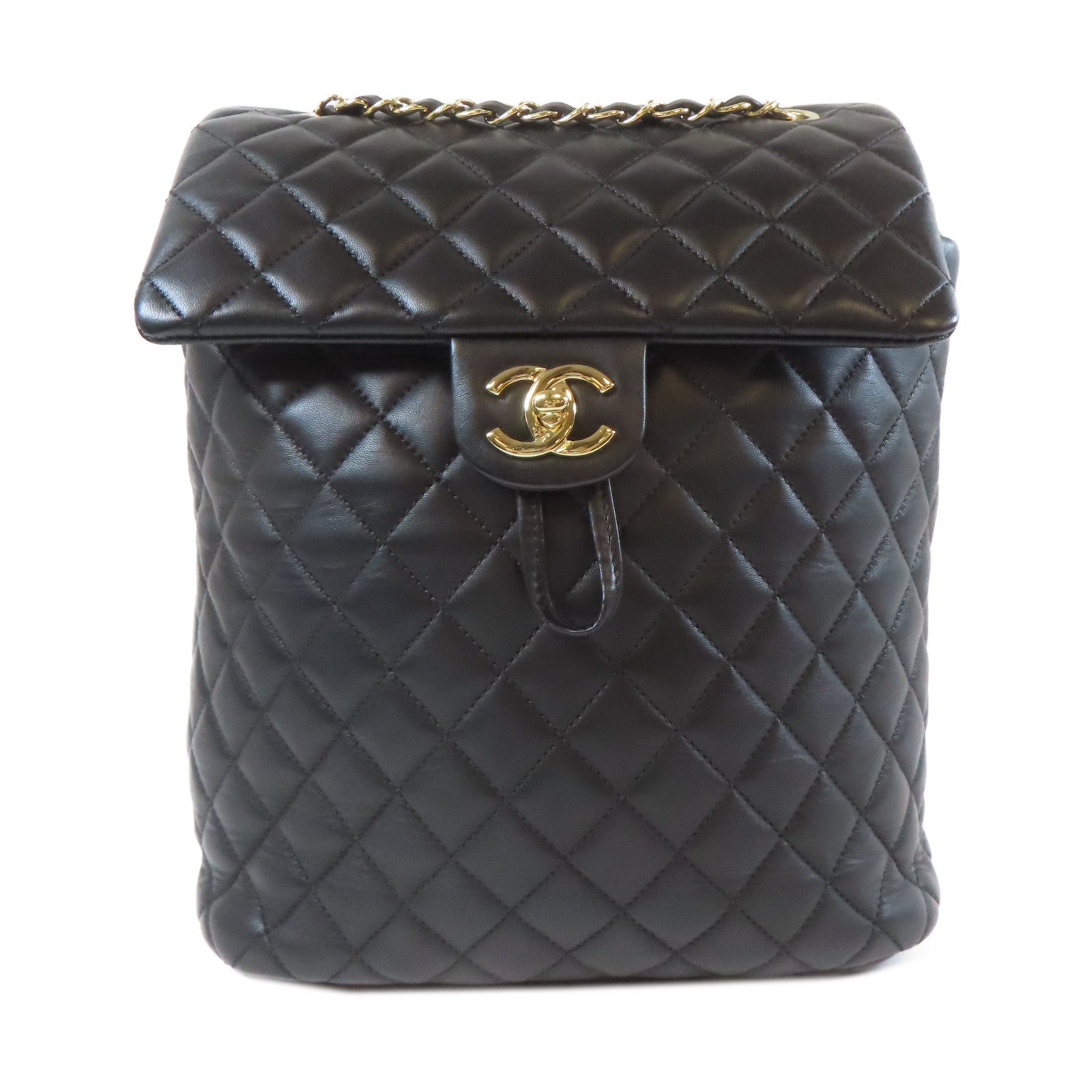CHANEL 菱格羊皮皮革Backpack金扣背包黑色