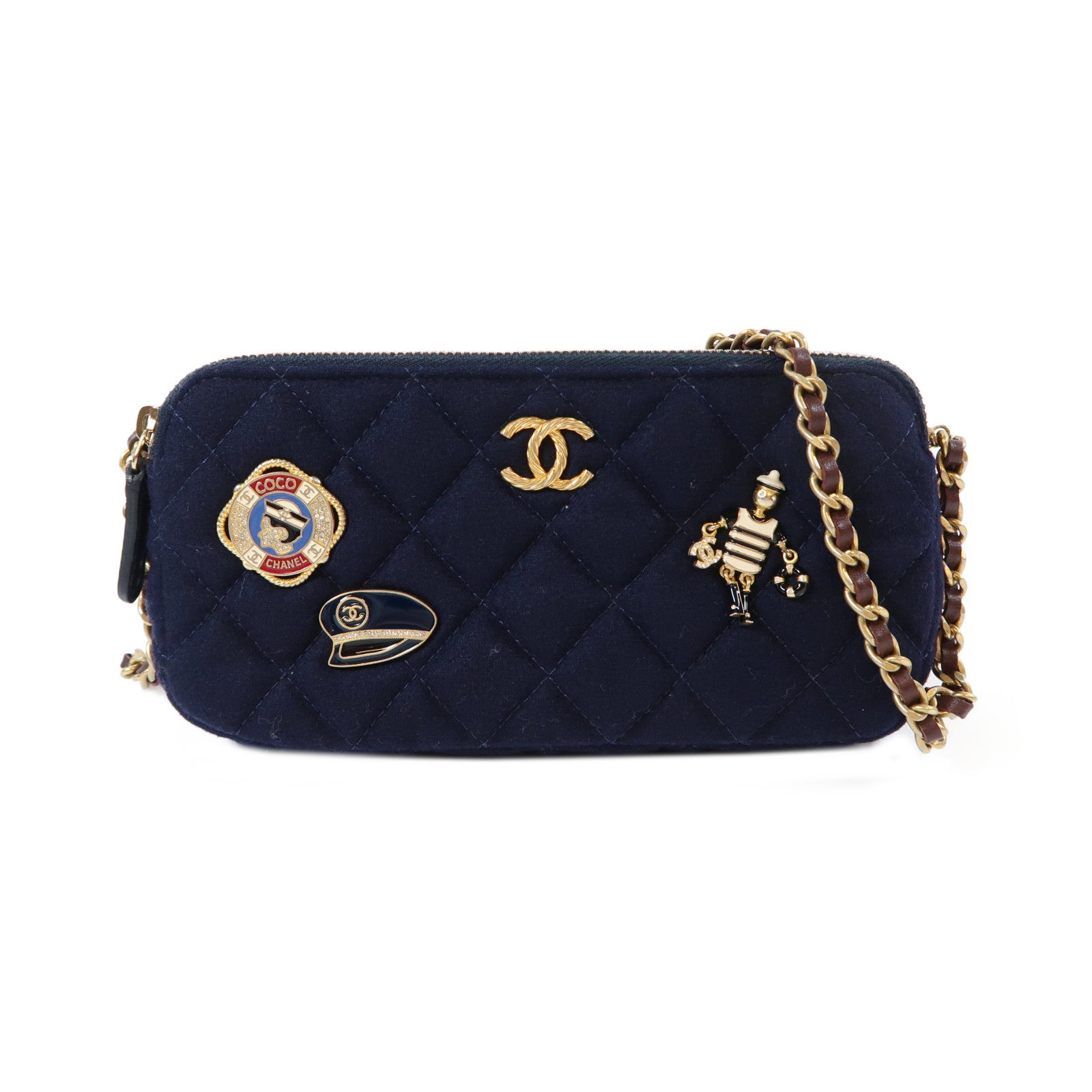 CHANEL 菱格羊毛Paris-Hamburg Chain Bag金扣鏈帶肩背袋深藍色