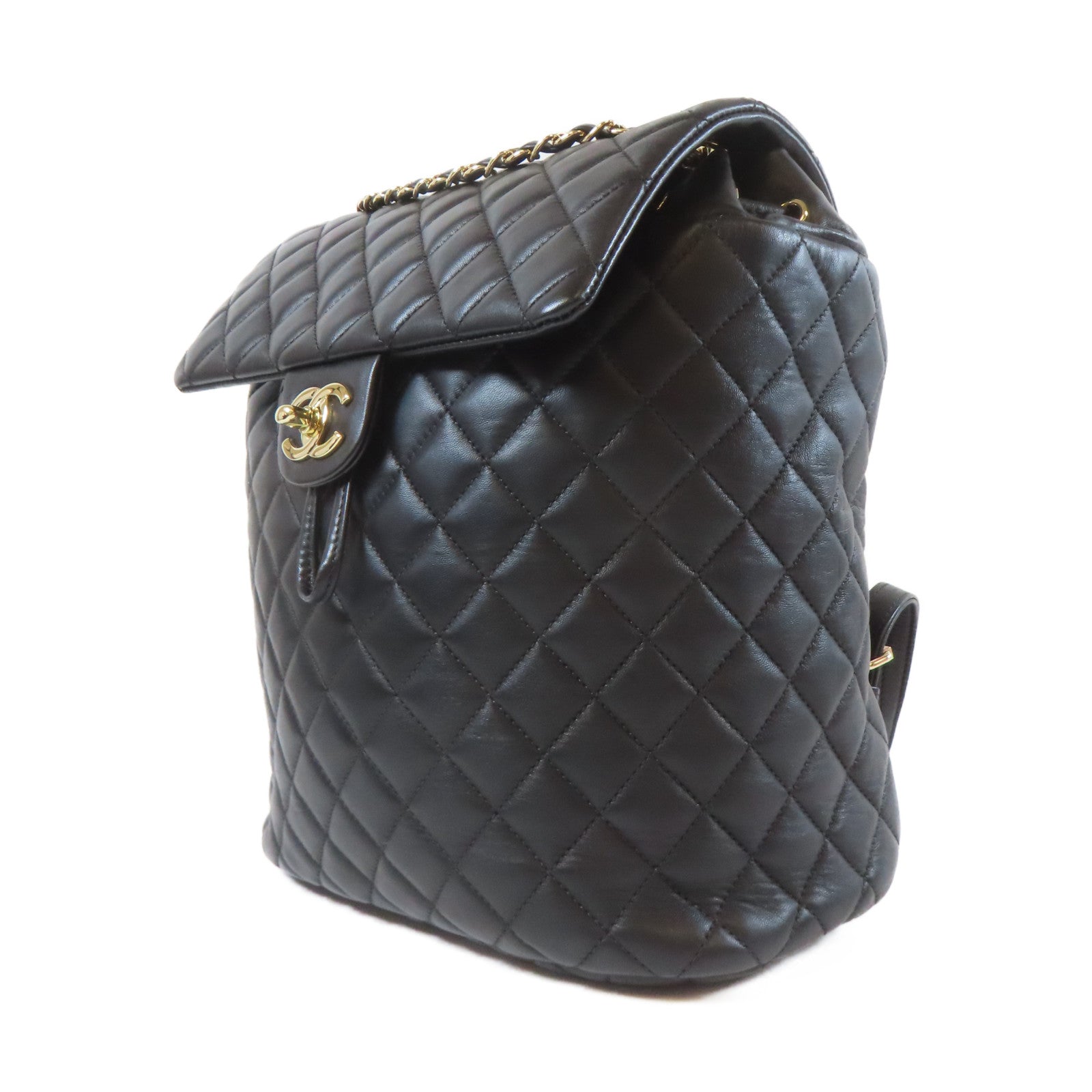 CHANEL 菱格羊皮皮革Backpack金扣背包黑色