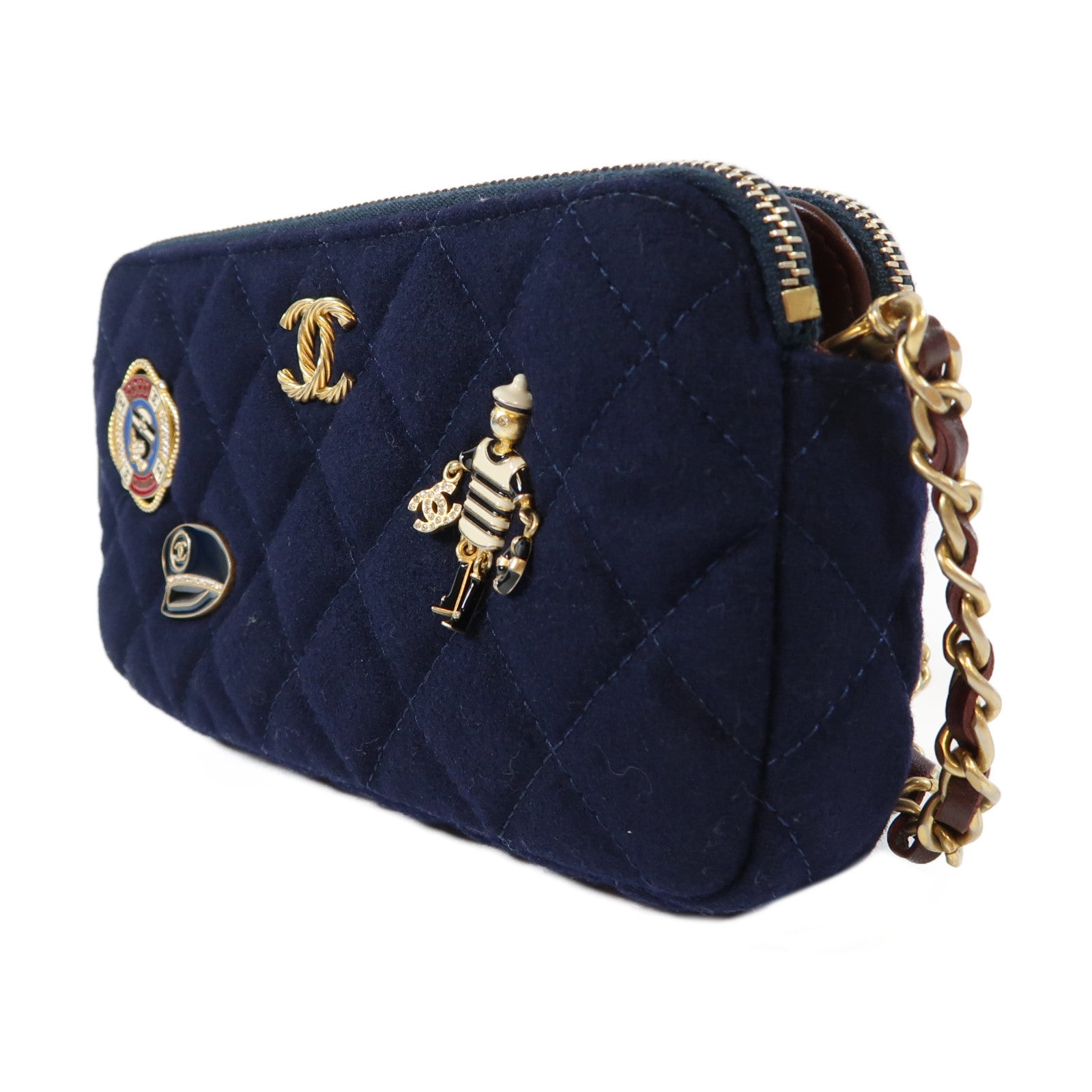 CHANEL 菱格羊毛Paris-Hamburg Chain Bag金扣鏈帶肩背袋深藍色