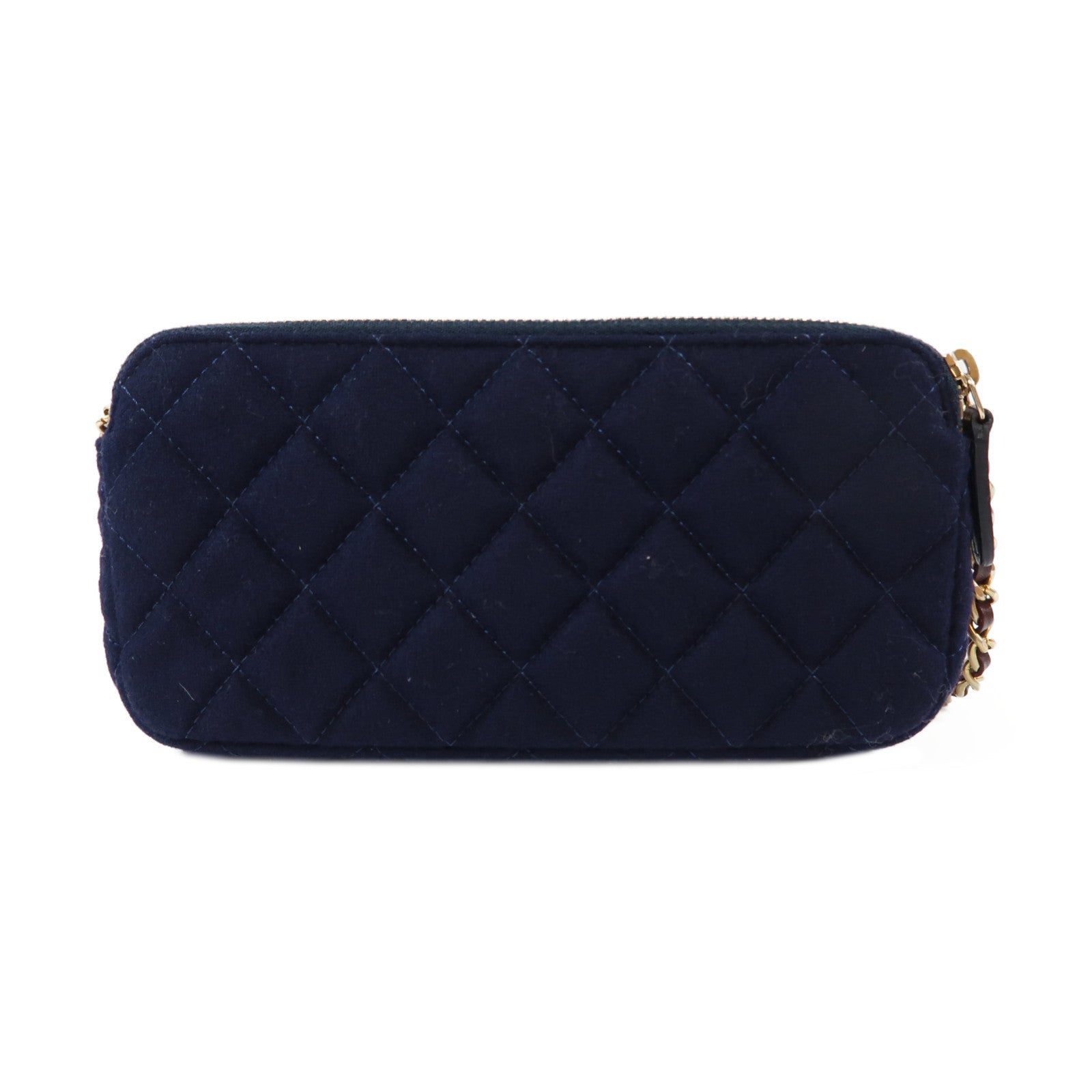 CHANEL 菱格羊毛Paris-Hamburg Chain Bag金扣鏈帶肩背袋深藍色