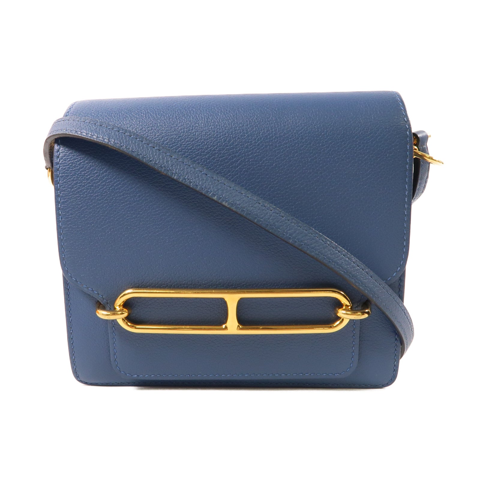 HERMES Evercolor皮革Mini Roulis金扣肩背袋Bleu Agate/藍色