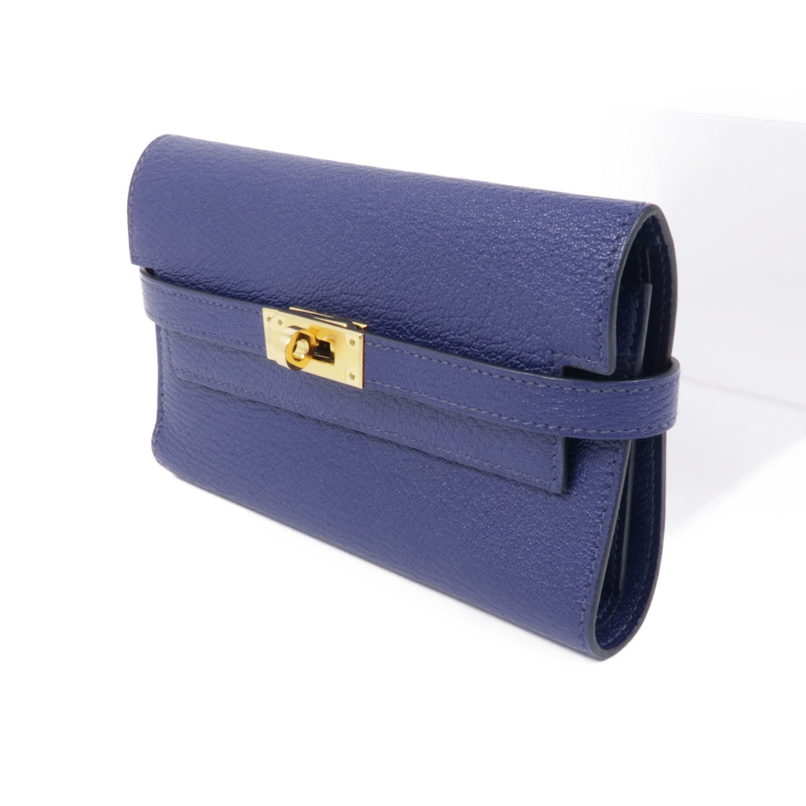 HERMES Chevre皮革Kelly Wallet錢包Bleu Encre