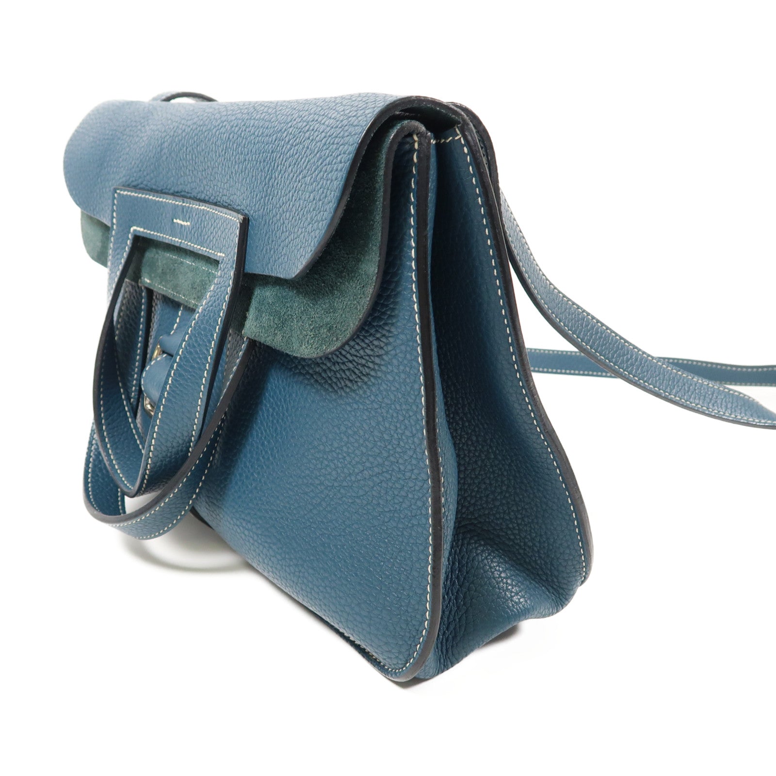 HERMES Clemence皮革Halzan 31銀扣手挽肩背兩用袋Bleu Ocean