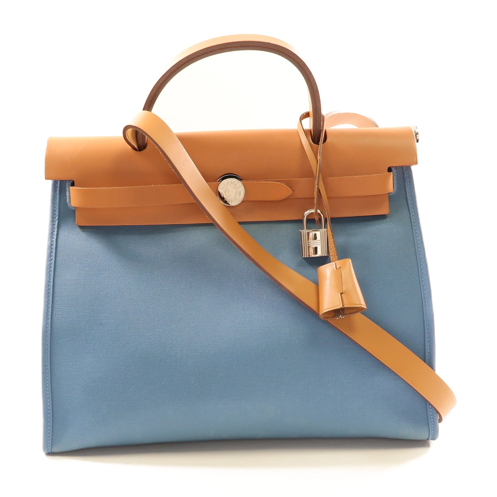 HERMES 帆布/皮革Herbag PM銀扣手挽肩背兩用J7 Bleu Lin/灰水藍