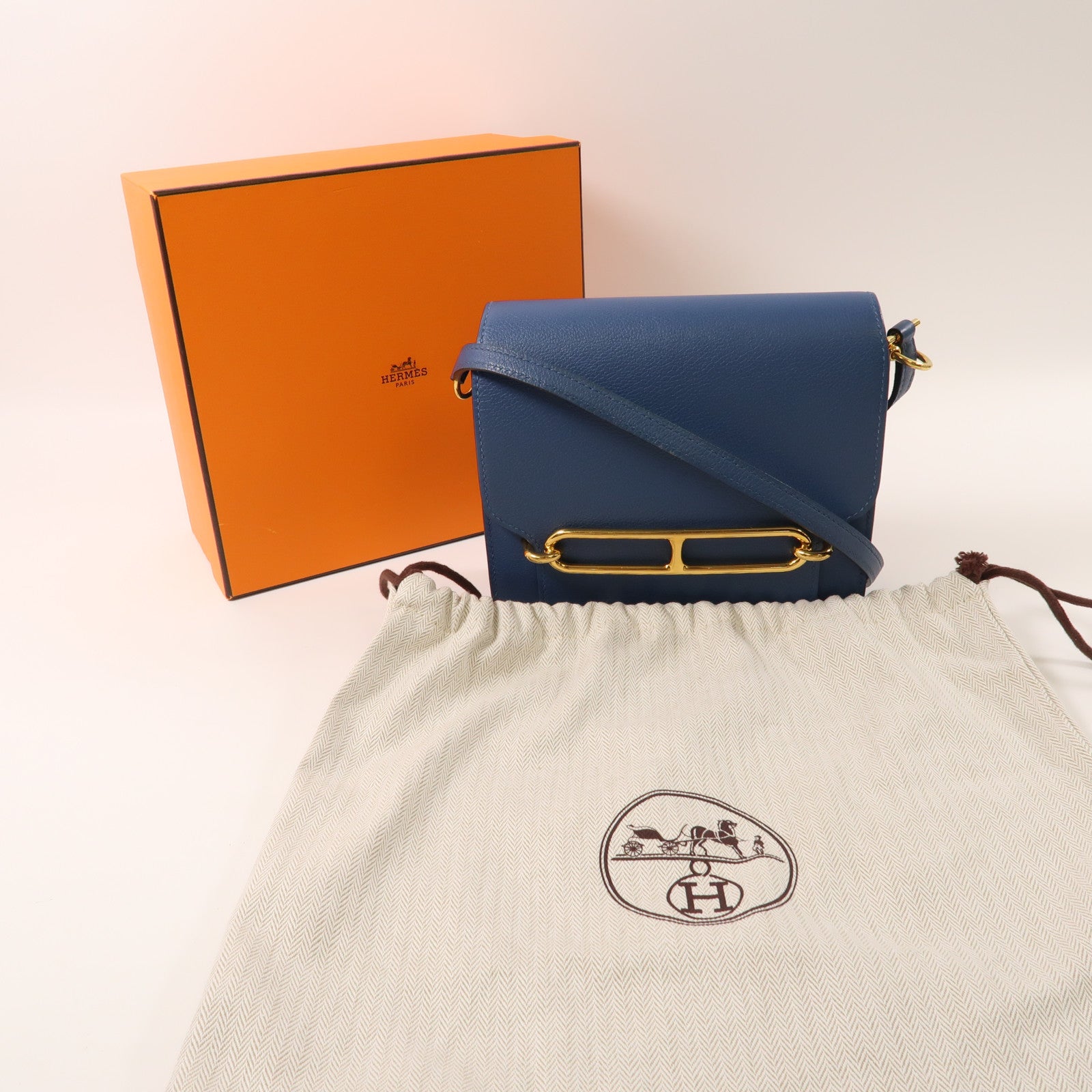 HERMES Evercolor皮革Mini Roulis金扣肩背袋Bleu Agate/藍色