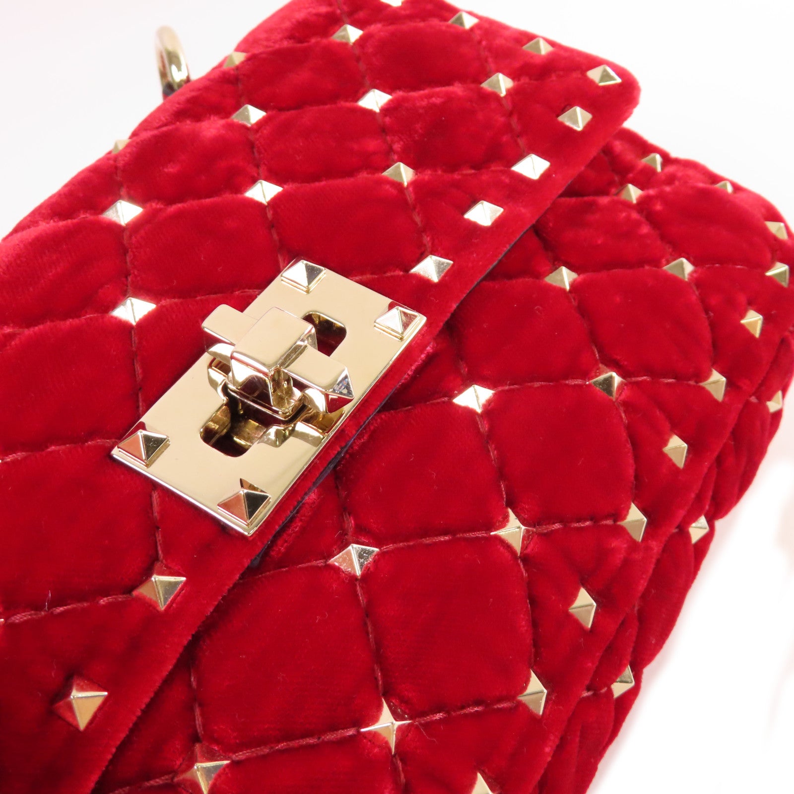 Valentino 天鵝絨Rockstud Chain Shoulder Bag金扣鏈帶肩背袋紅色