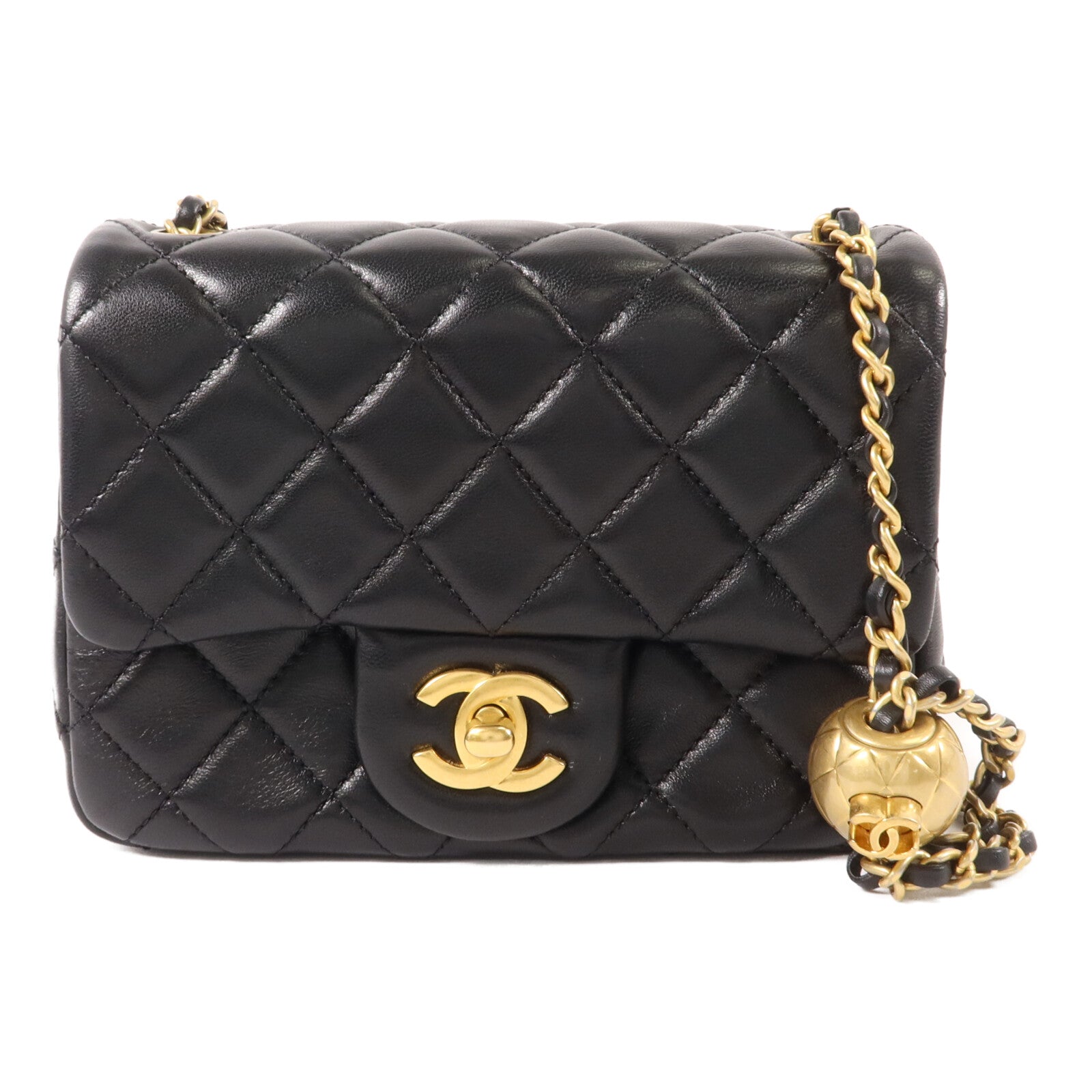 CHANEL 羊皮皮革Mini Classic 17 Gold Ball鏈帶肩背袋