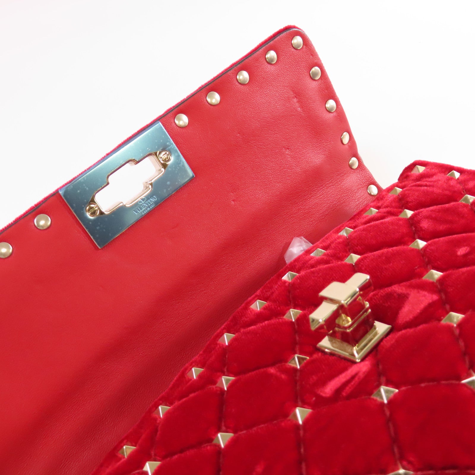 Valentino 天鵝絨Rockstud Chain Shoulder Bag金扣鏈帶肩背袋紅色