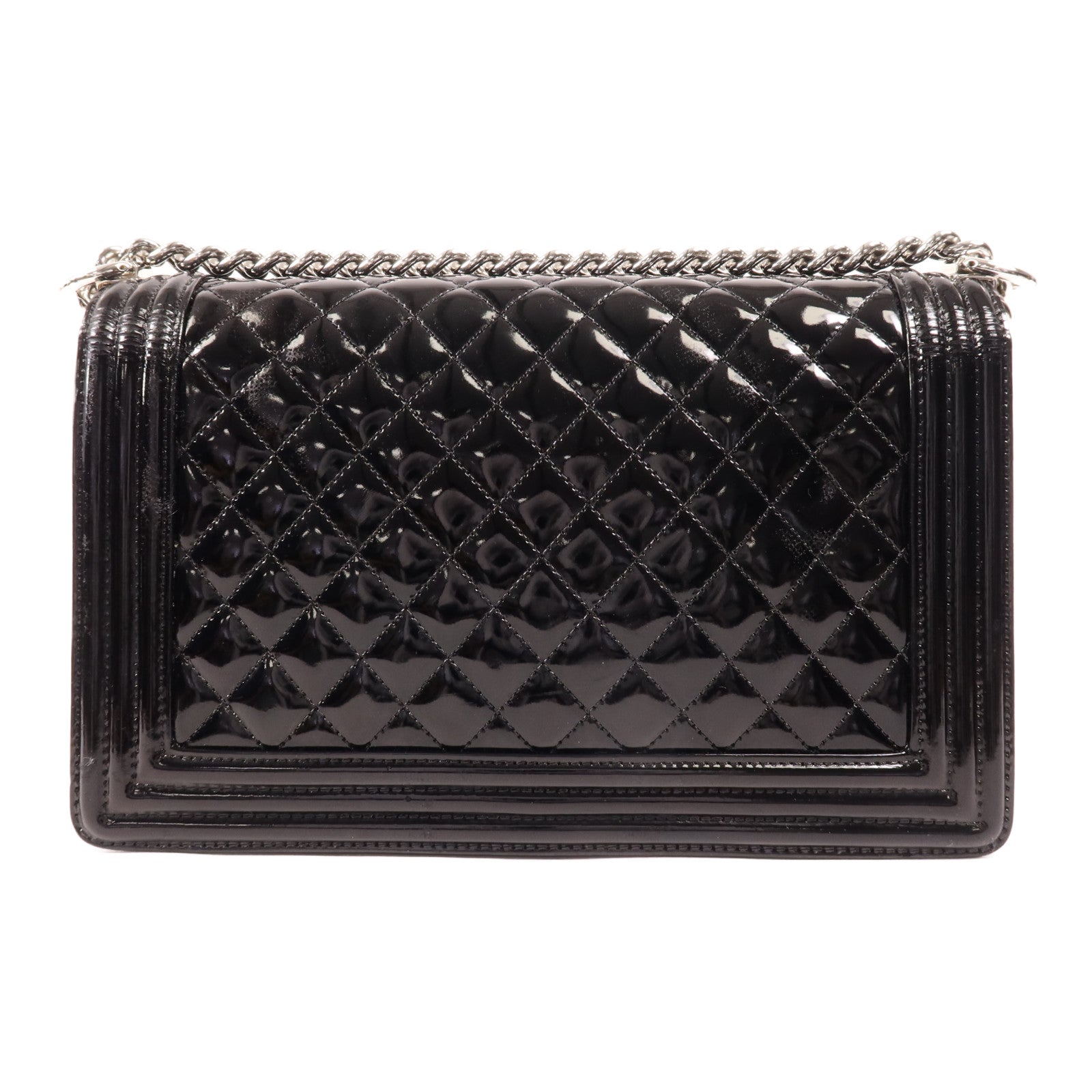 CHANEL 漆皮皮革Boy 28銀扣肩背袋