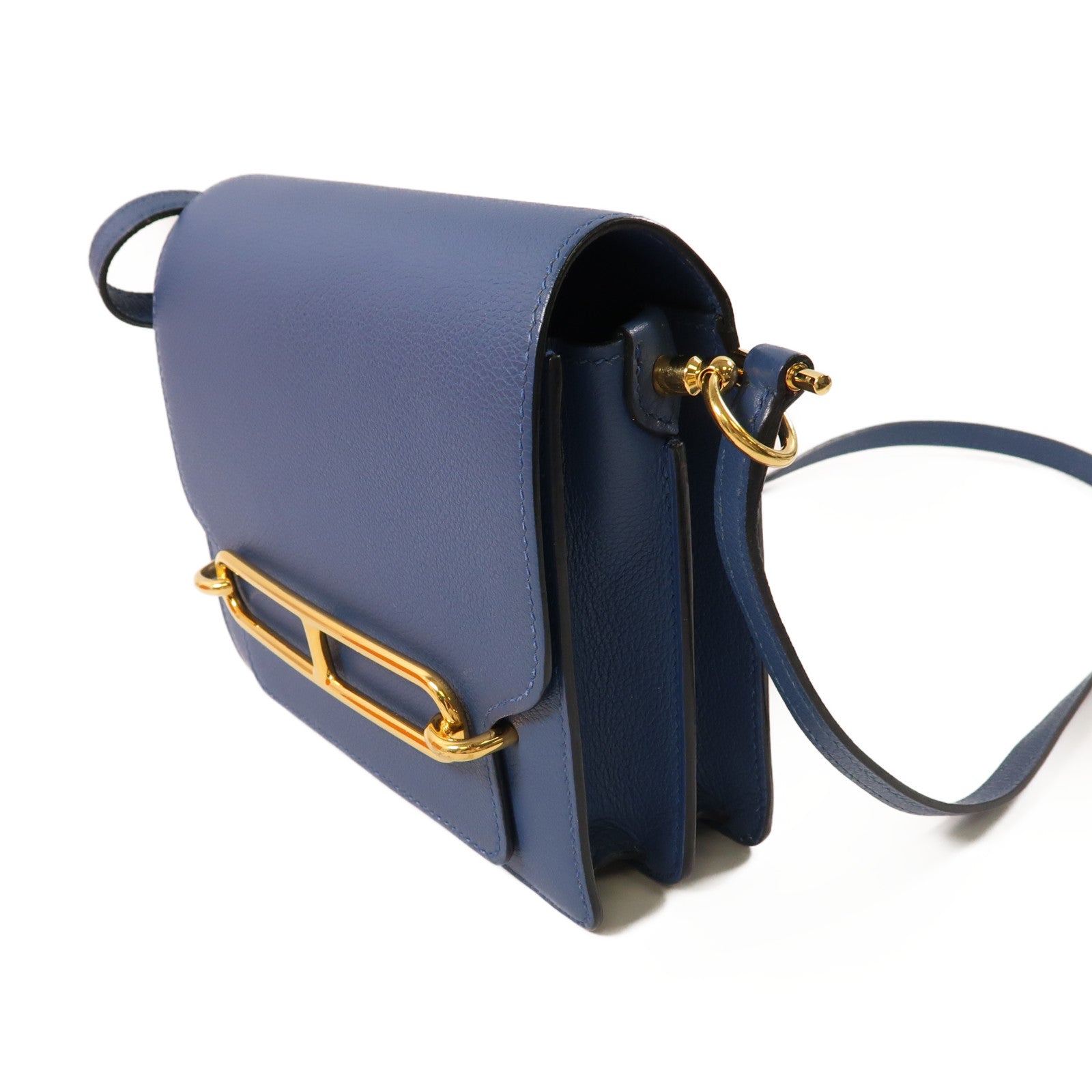 HERMES Evercolor皮革Mini Roulis金扣肩背袋Bleu Agate/藍色