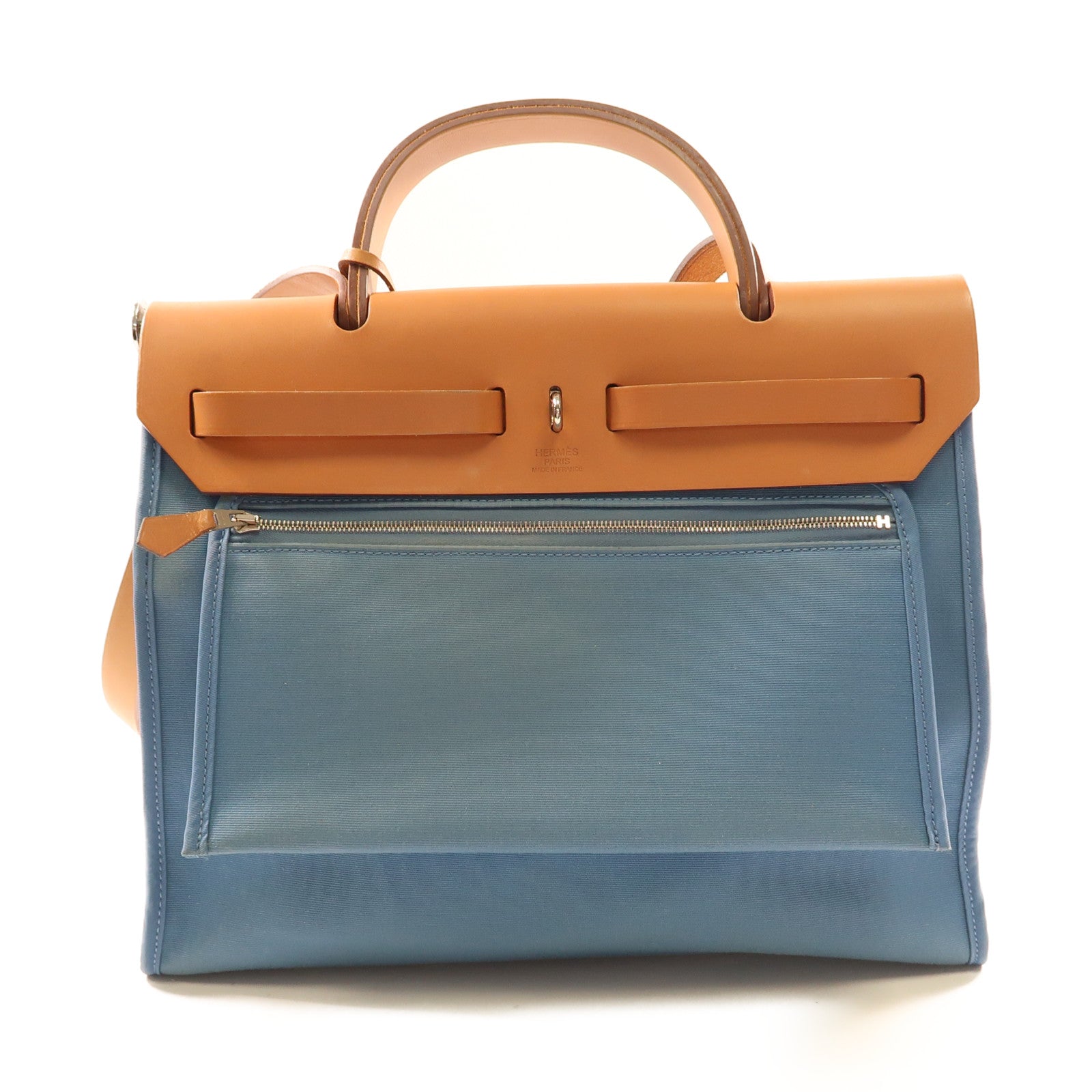 HERMES 帆布/皮革Herbag PM銀扣手挽肩背兩用J7 Bleu Lin/灰水藍