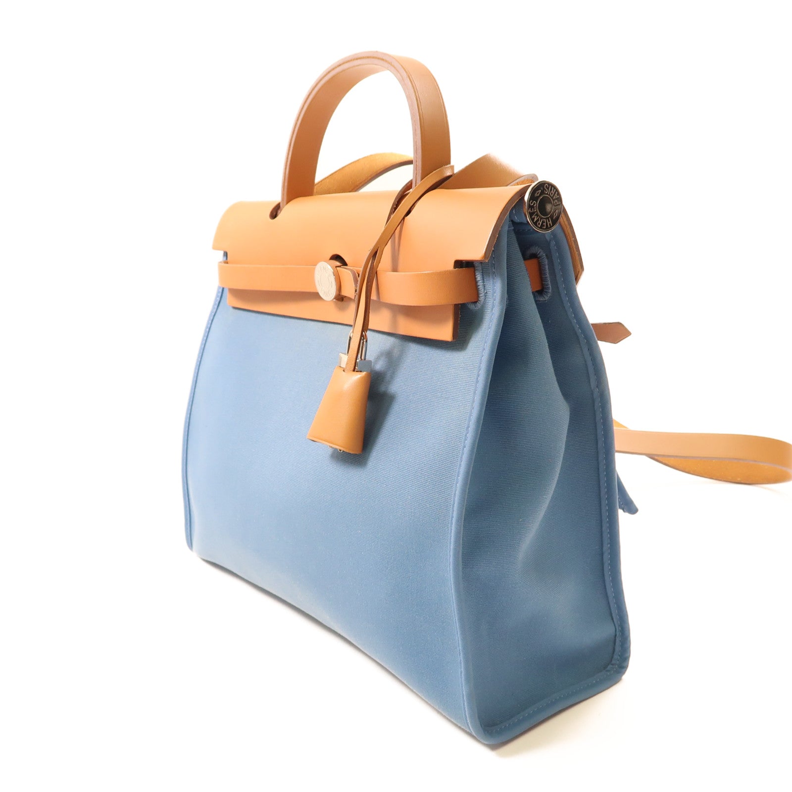HERMES 帆布/皮革Herbag PM銀扣手挽肩背兩用J7 Bleu Lin/灰水藍