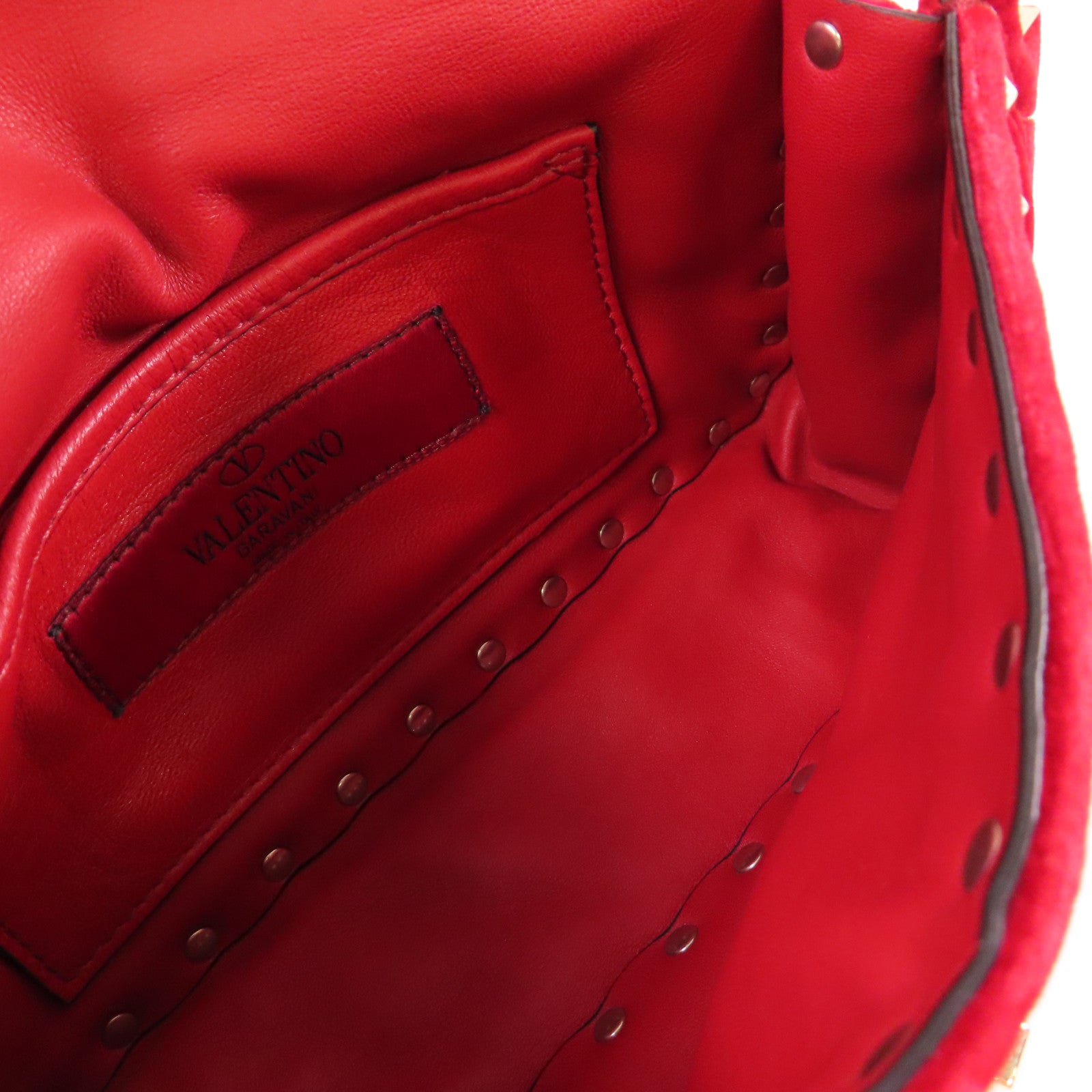 Valentino 天鵝絨Rockstud Chain Shoulder Bag金扣鏈帶肩背袋紅色
