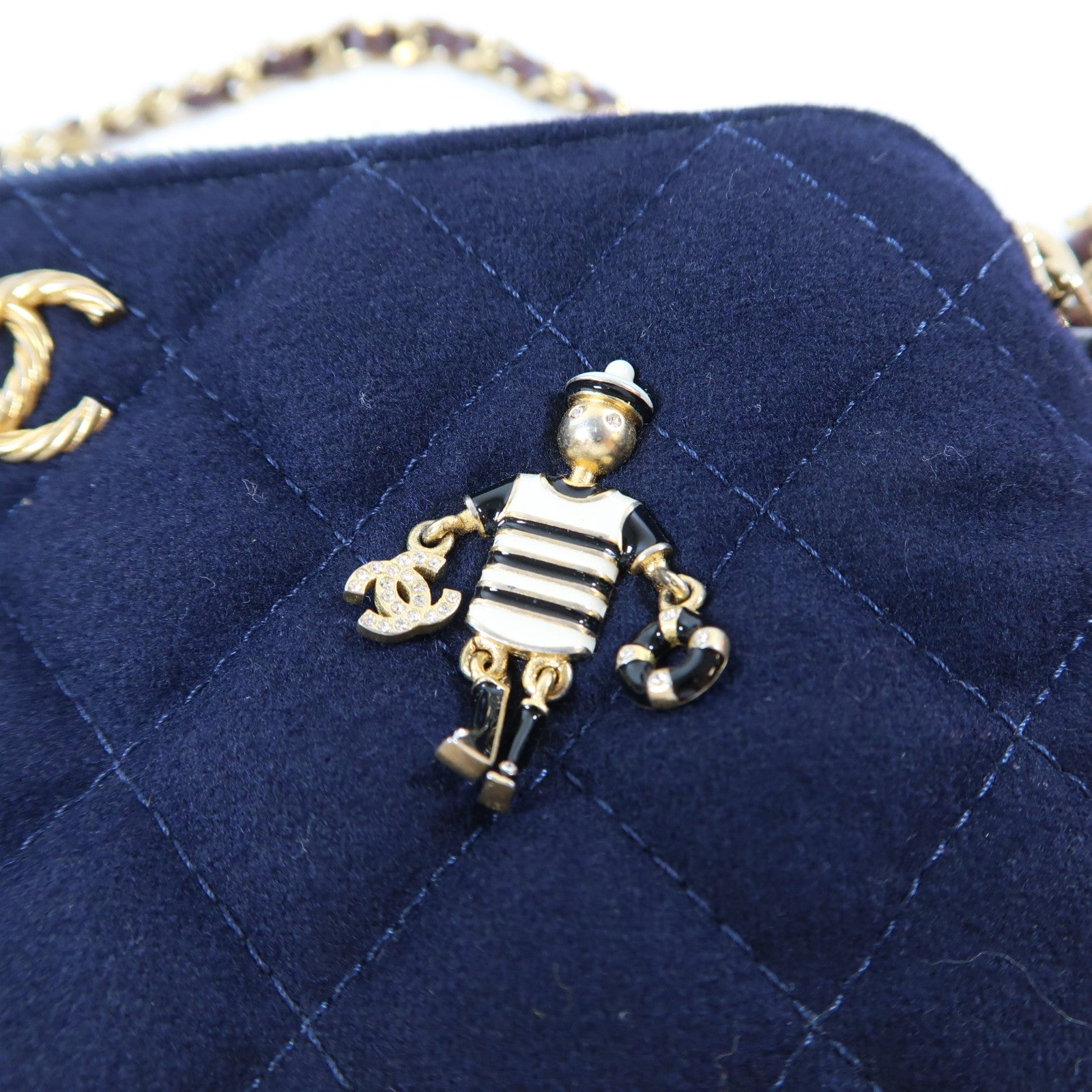 CHANEL 菱格羊毛Paris-Hamburg Chain Bag金扣鏈帶肩背袋深藍色