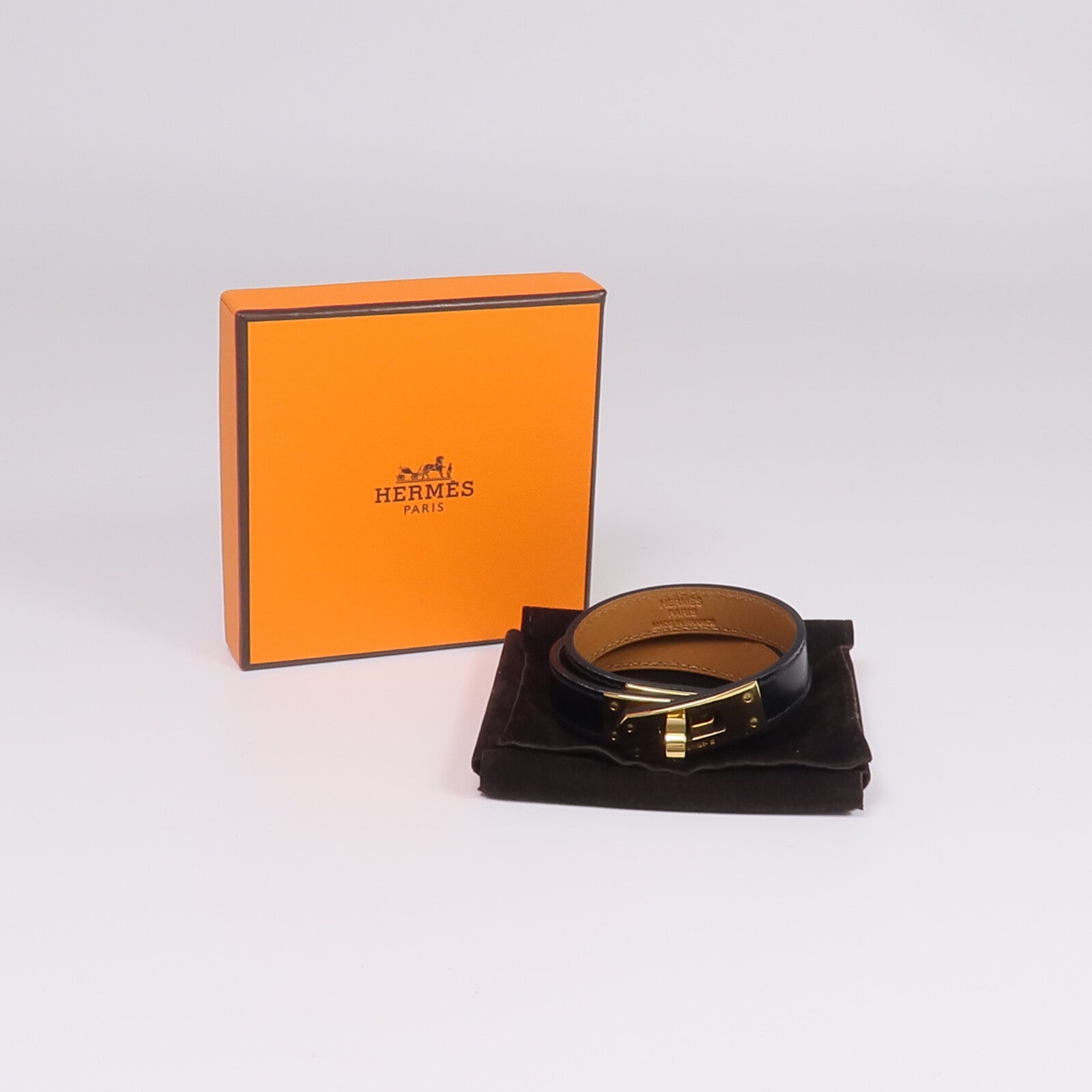 HERMES Box Calf皮革Kelly Double Tour金扣手鏈Noir