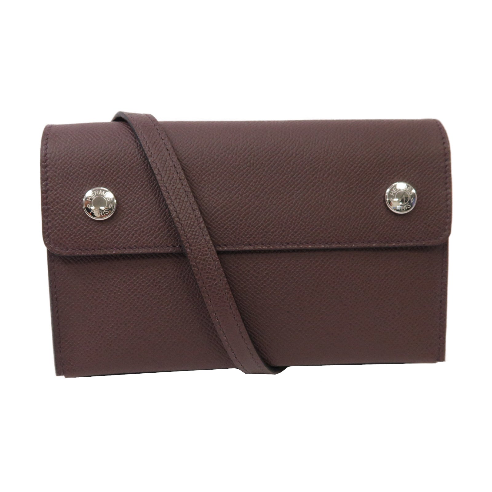 HERMES Epsom皮革Hermesnap Wallet銀扣肩背袋Rouge Sellier馬鞍紅色