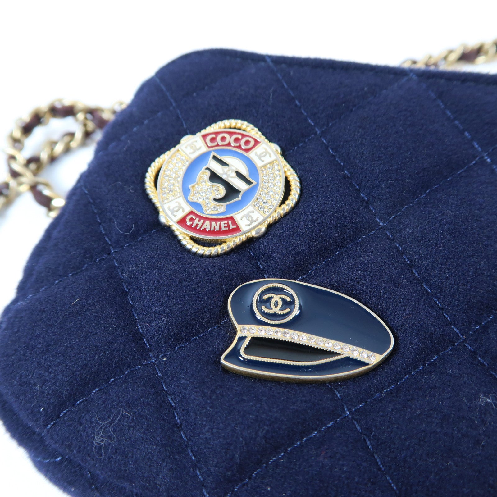 CHANEL 菱格羊毛Paris-Hamburg Chain Bag金扣鏈帶肩背袋深藍色