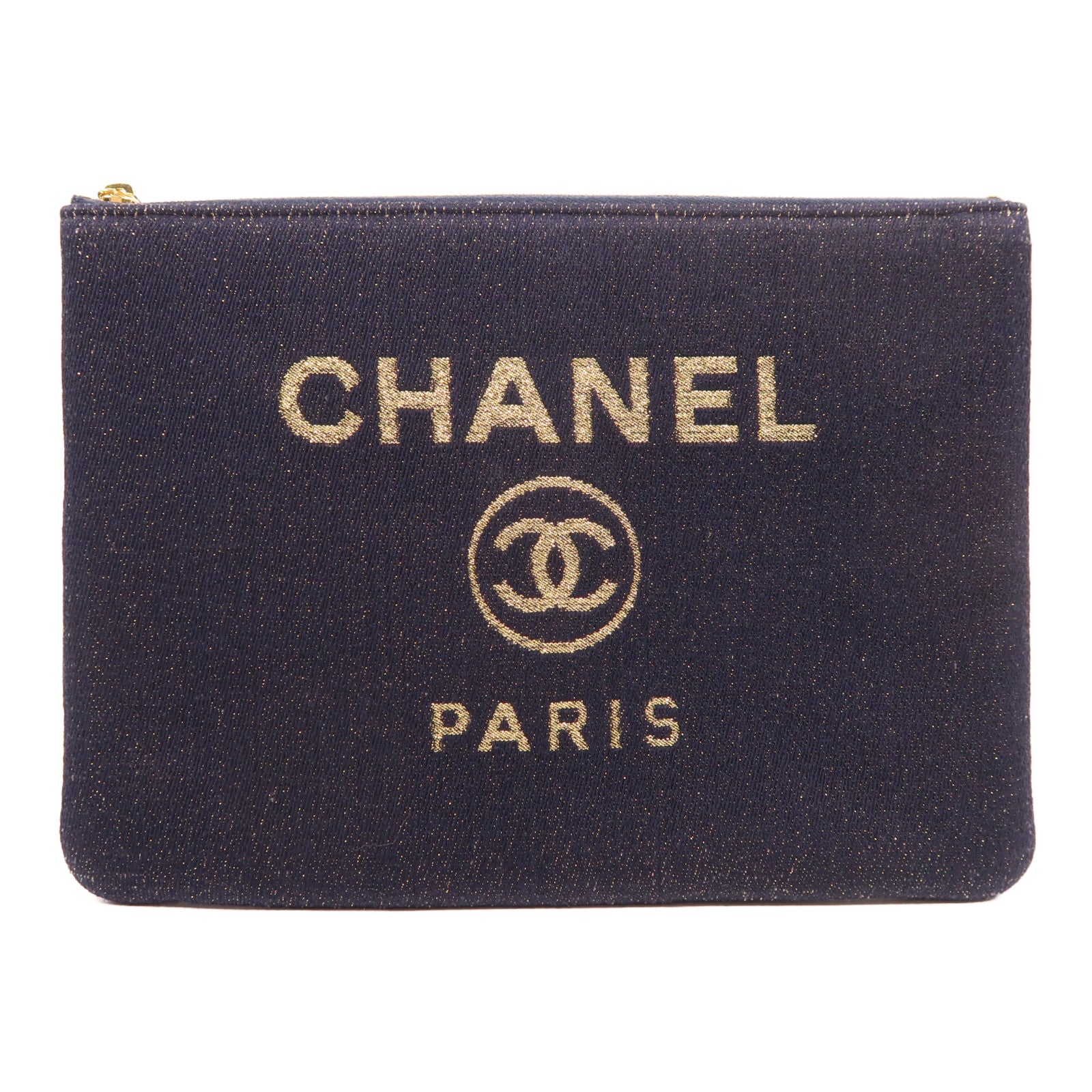 CHANEL 帆布Clutch金扣手拿包深藍色/金色