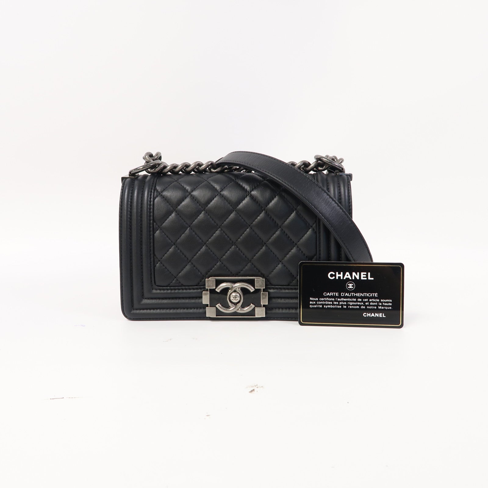 CHANEL 菱格羊皮皮革Boy 20銀扣鏈帶肩背袋黑色