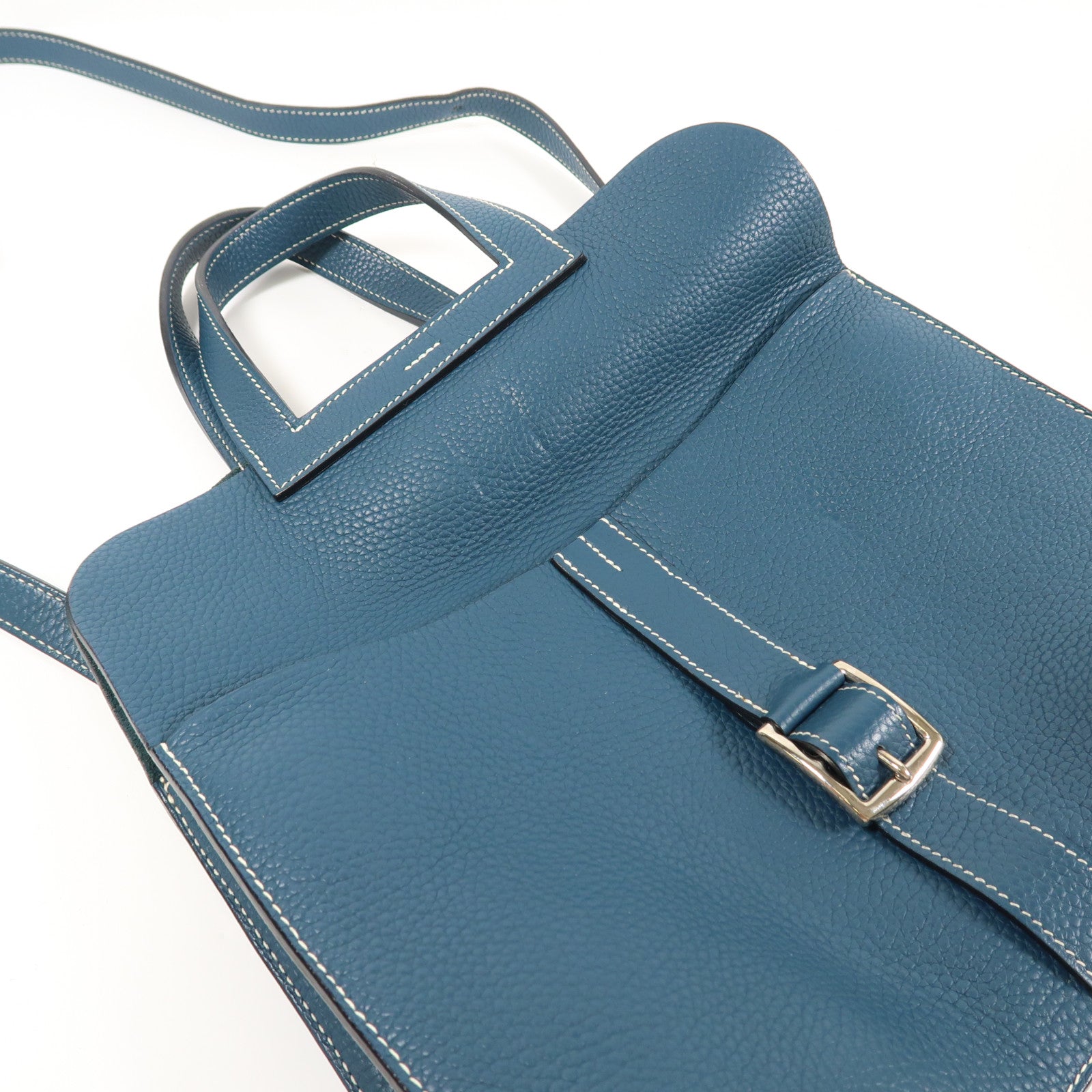 HERMES Clemence皮革Halzan 31銀扣手挽肩背兩用袋Bleu Ocean