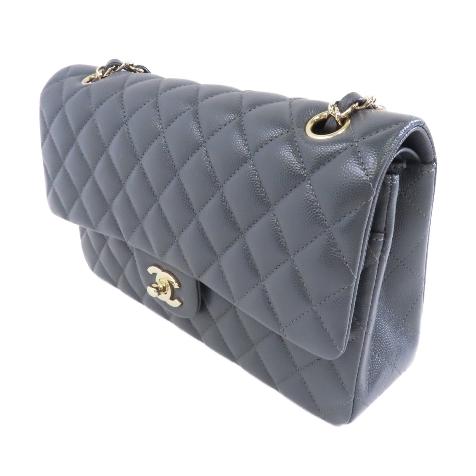 CHANEL 菱格牛皮皮革Classic 25金扣鏈帶肩背袋灰色