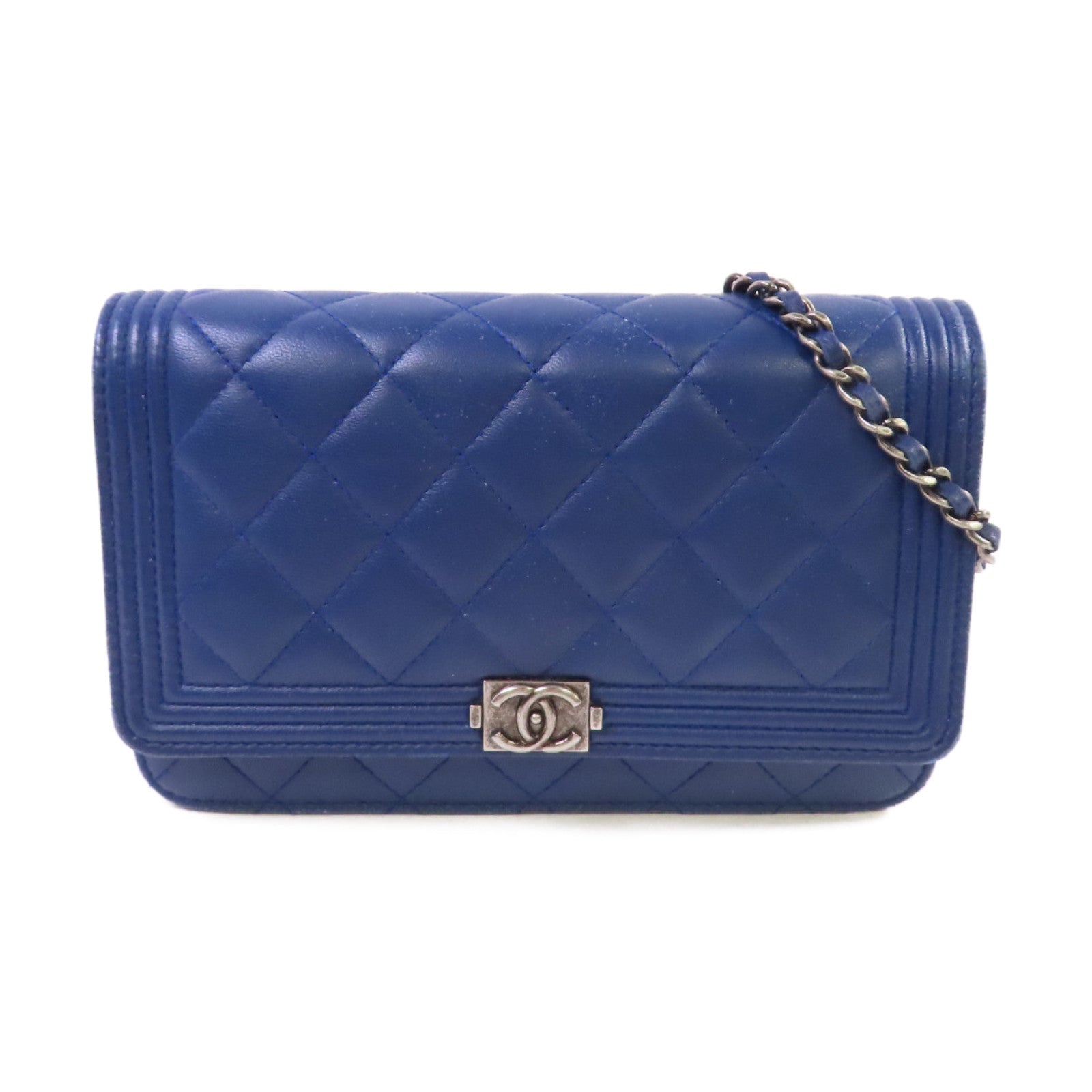 CHANEL 【激減優惠】菱格羊皮皮革WOC Wallet On Chain Shoulder Bag銀扣鏈帶肩背袋藍色