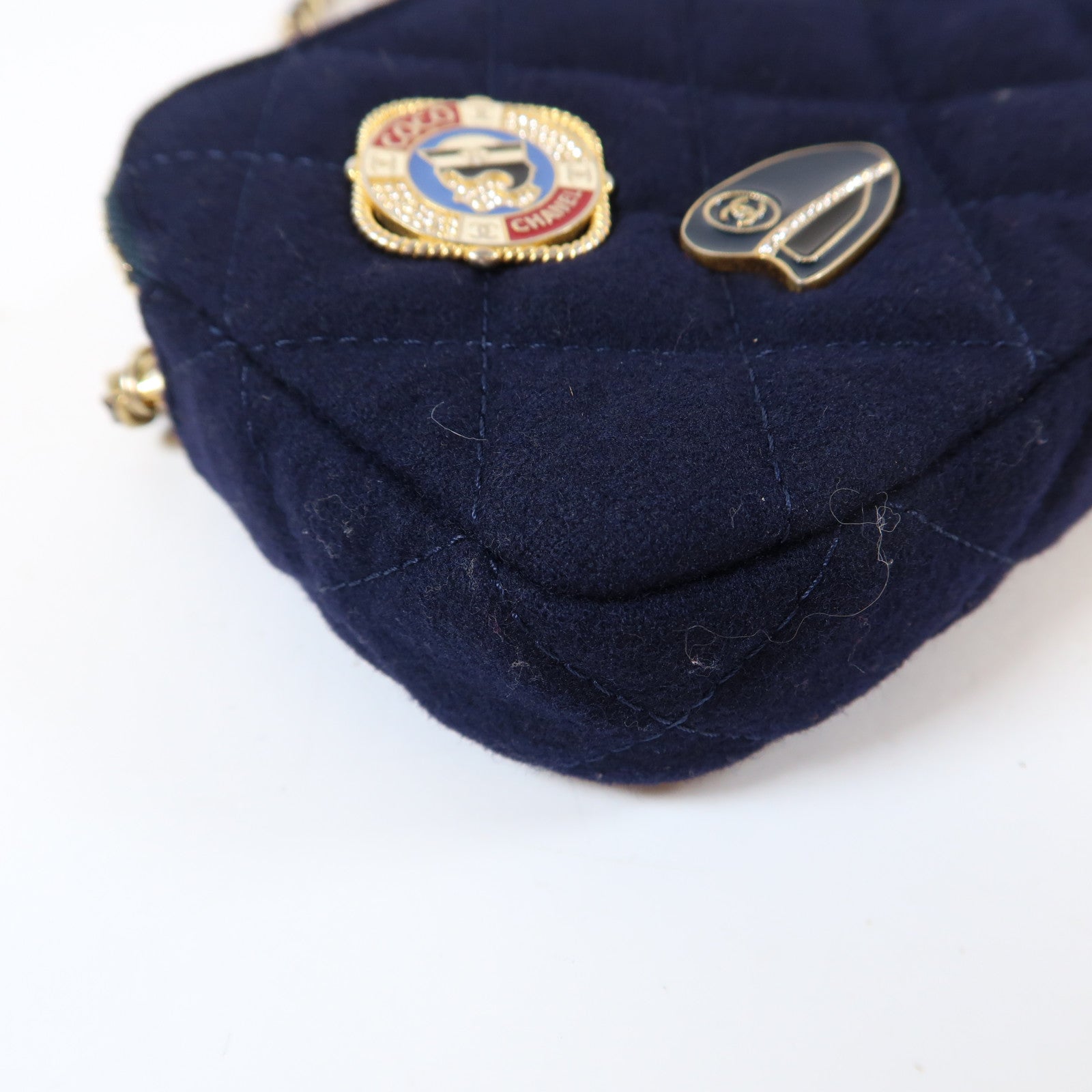 CHANEL 菱格羊毛Paris-Hamburg Chain Bag金扣鏈帶肩背袋深藍色