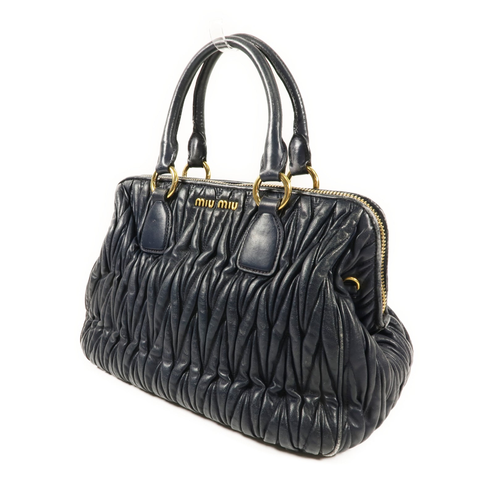 MIU MIU GHW Hand Bag Lambskin Leather Navy