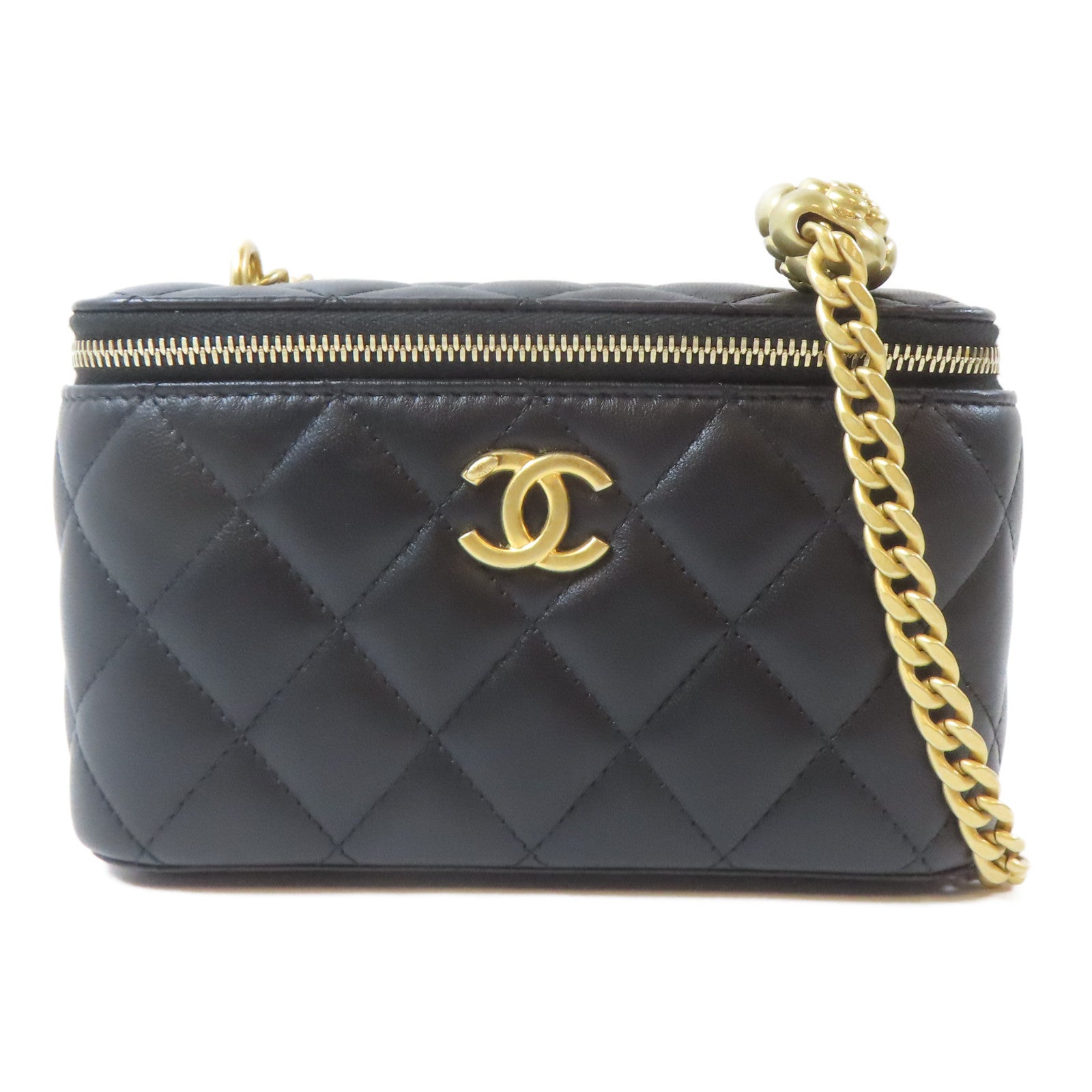 CHANEL 菱格羊皮皮革Vanity Case金扣鏈帶肩背袋黑色