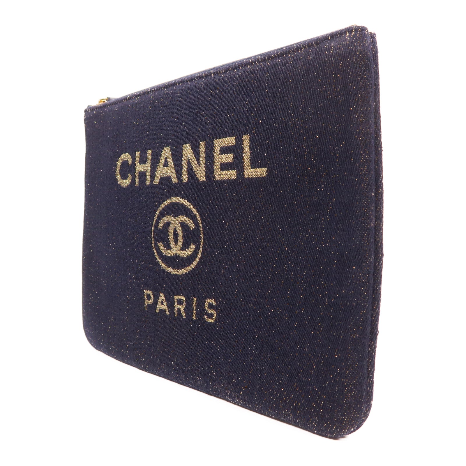 CHANEL 帆布Clutch金扣手拿包深藍色/金色