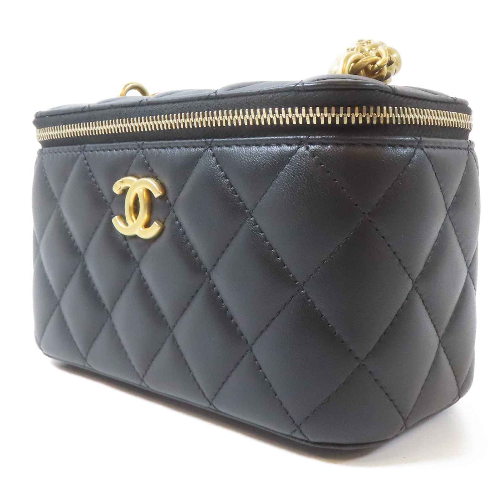 CHANEL 菱格羊皮皮革Vanity Case金扣鏈帶肩背袋黑色