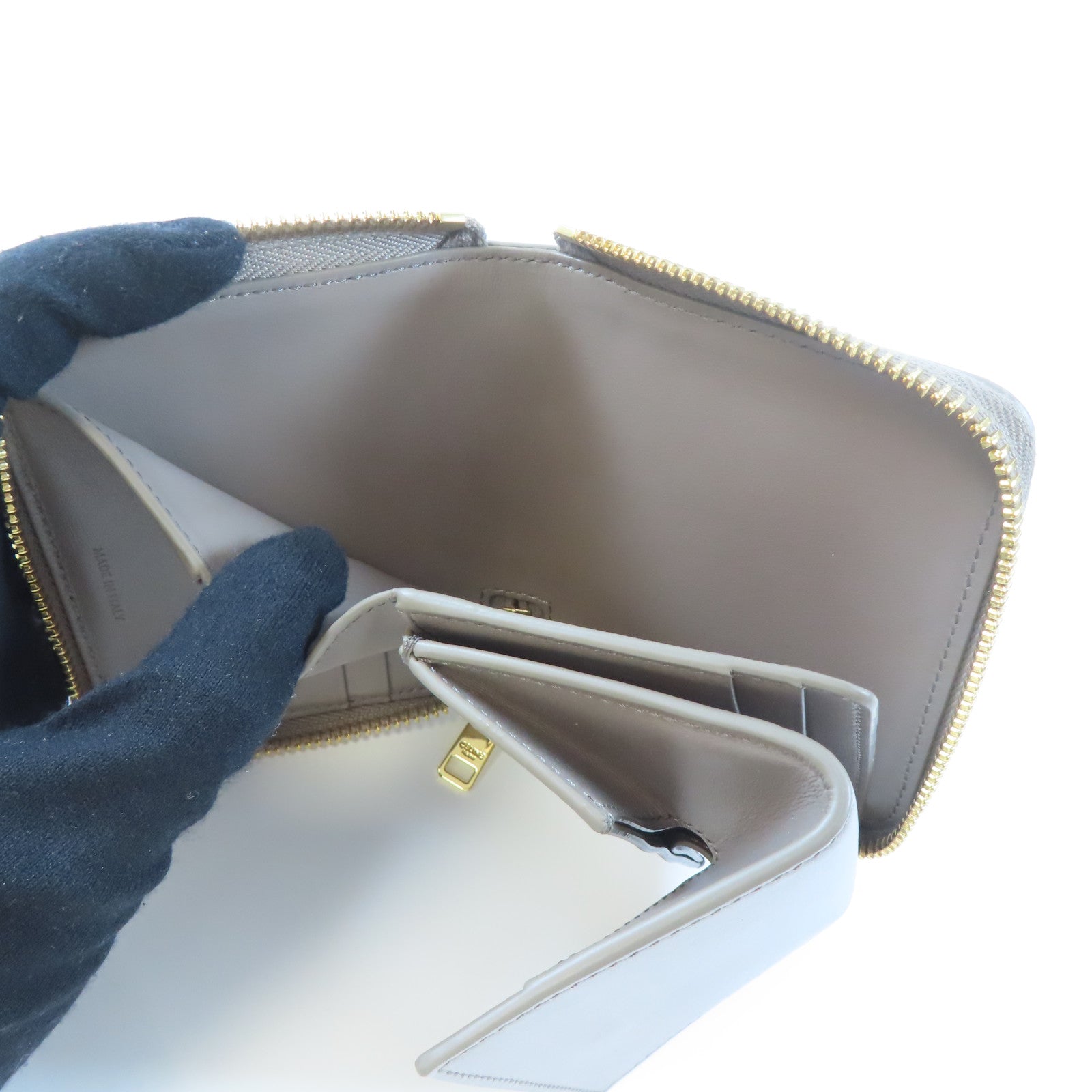 CELINE 牛皮皮革Small Zipped Wallet金扣錢包灰色