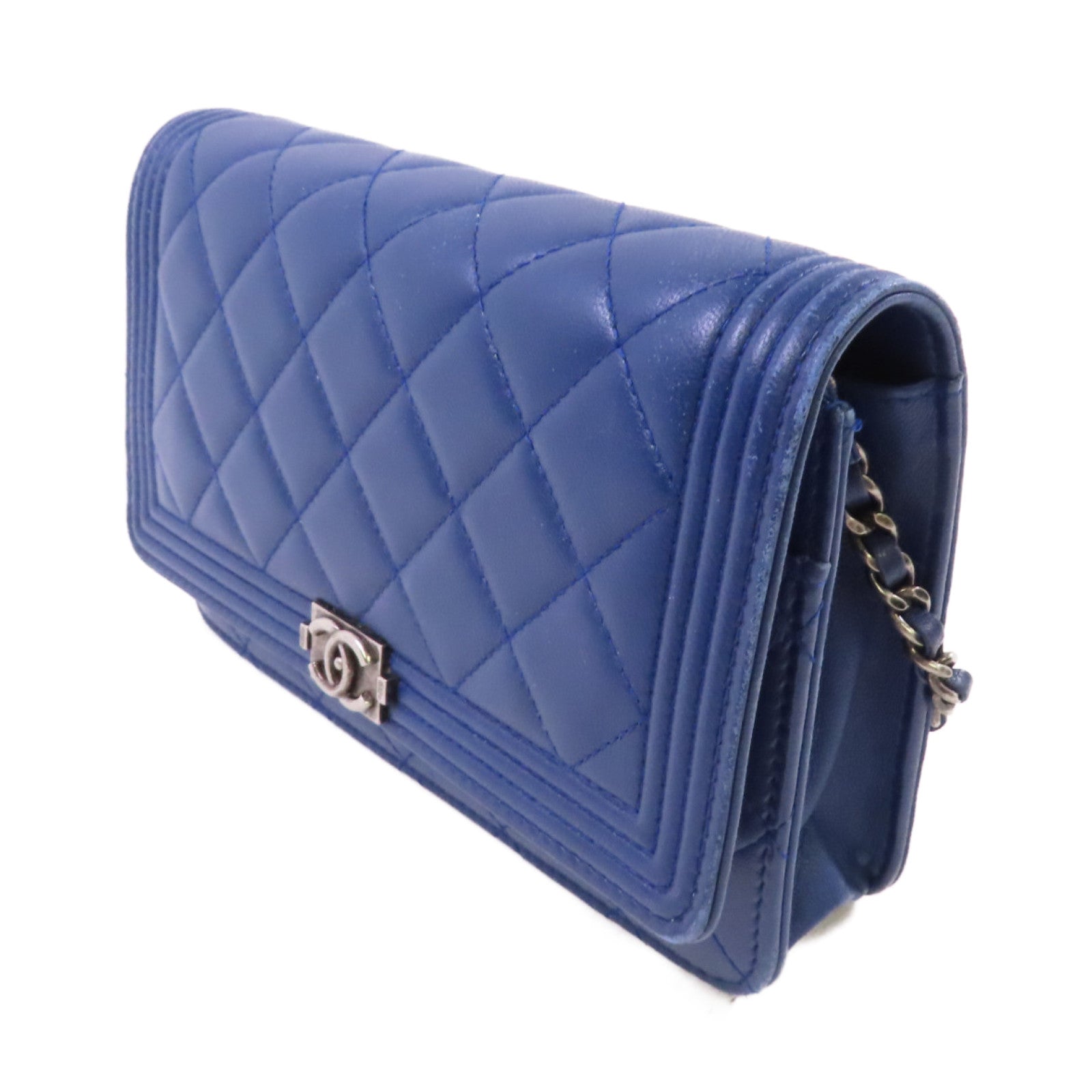 CHANEL 【激減優惠】菱格羊皮皮革WOC Wallet On Chain Shoulder Bag銀扣鏈帶肩背袋藍色