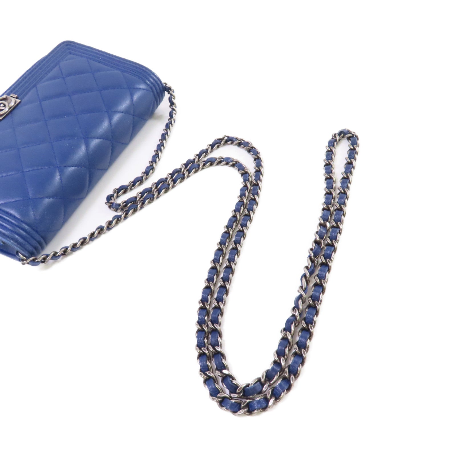 CHANEL 【激減優惠】菱格羊皮皮革WOC Wallet On Chain Shoulder Bag銀扣鏈帶肩背袋藍色